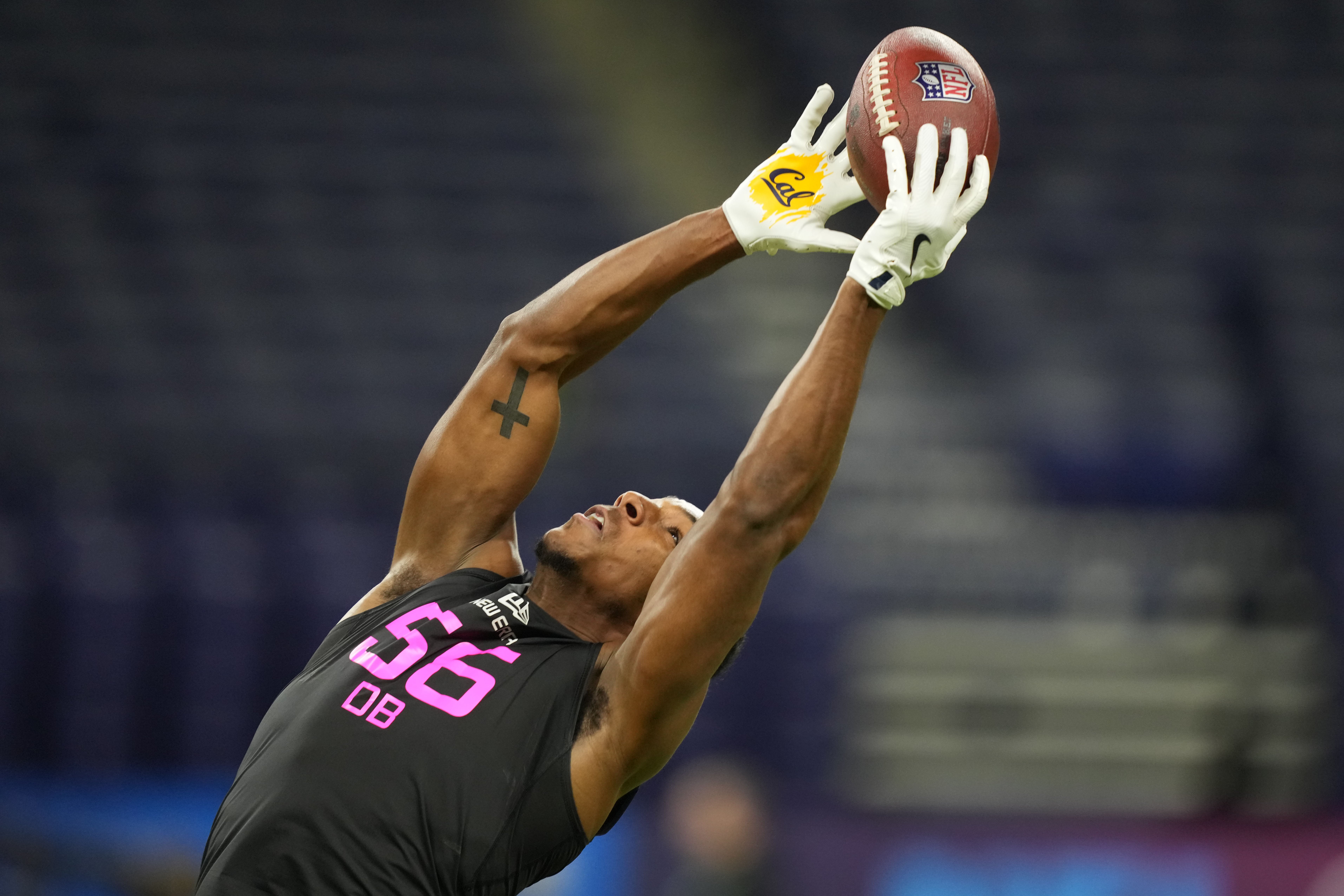 Feb 28, 2025; Indianapolis, IN, USA; California defensive back Craig Woodson (DB56) participates in drills during the 2025 NFL Combine at Lucas Oil Stadium.