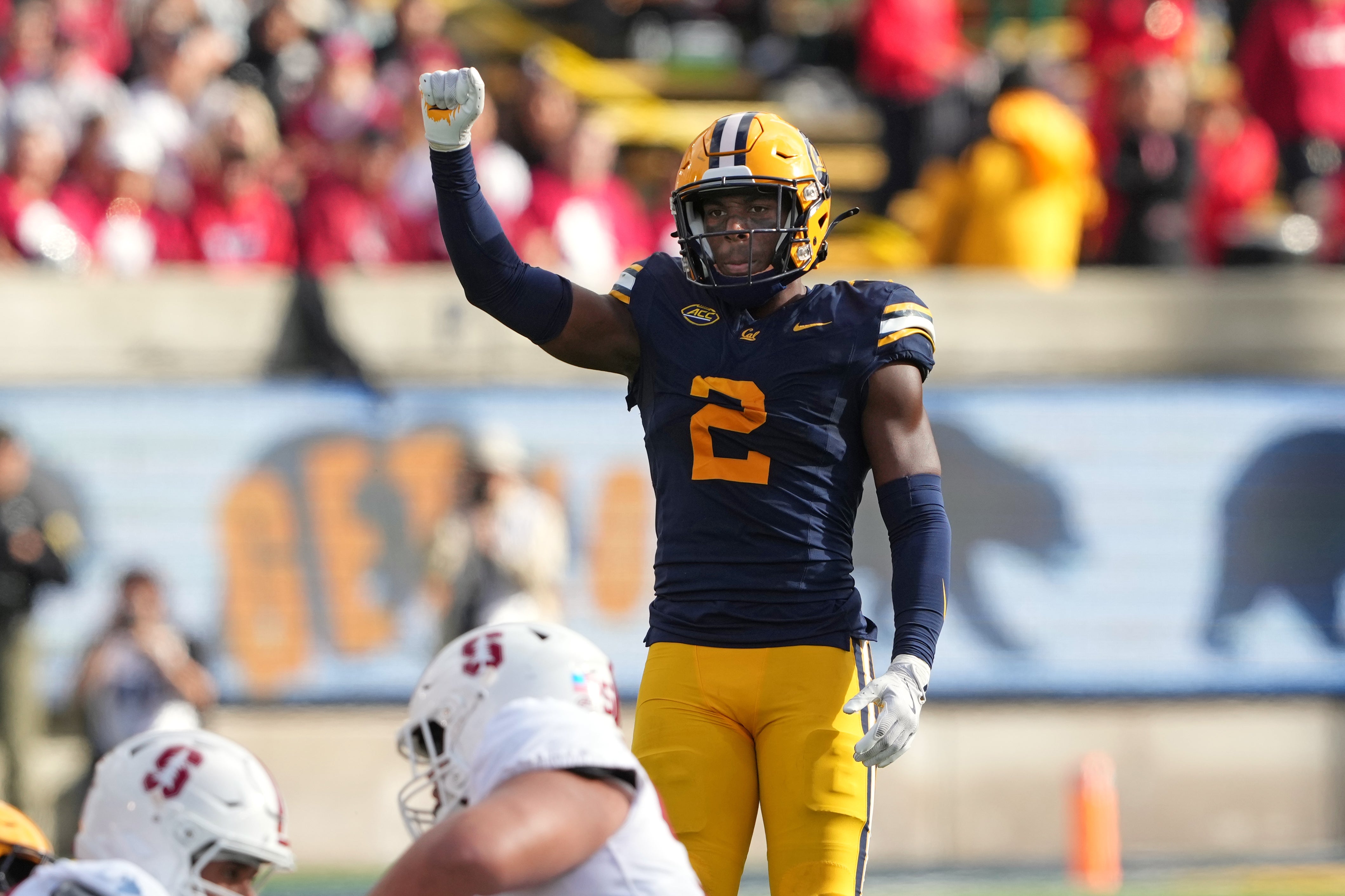 Nov 23, 2024; Berkeley, California, USA; California Golden Bears defensive back Craig Woodson (2) gestures during the second quarter against the Stanford Cardinal at California Memorial Stadium