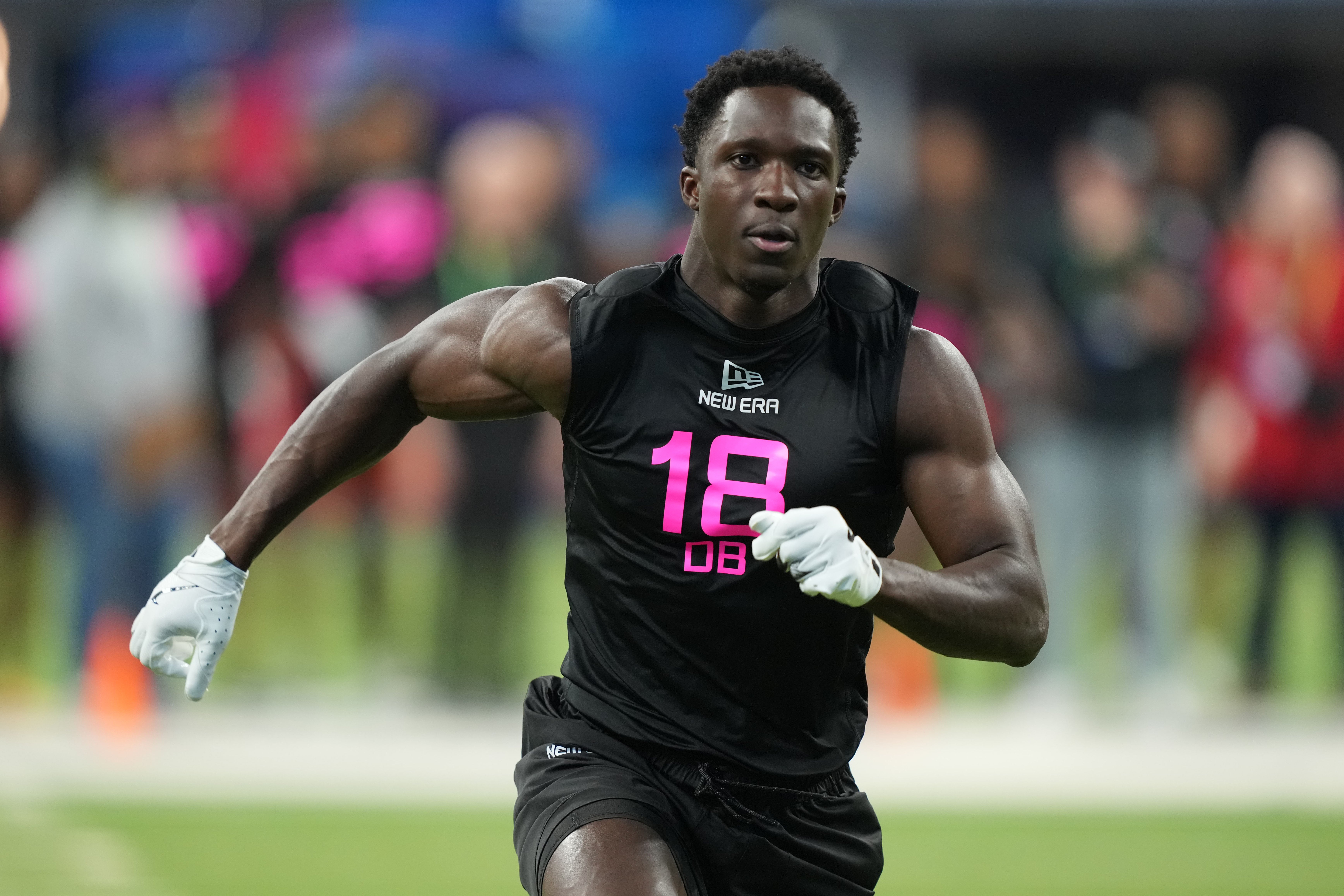 Feb 28, 2025; Indianapolis, IN, USA; Western Michigan defensive back Bilhal Kone (DB18) participates in drills during the 2025 NFL Combine at Lucas Oil Stadium.