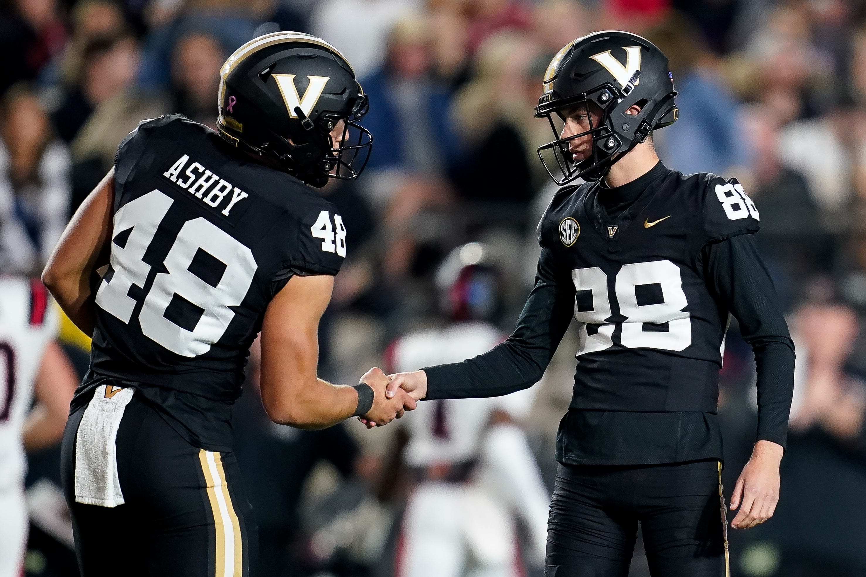 Vanderbilt place kicker Brock Taylor (88) celebrates his field goal against Ball State with long snapper Julian Ashby (48) during the fourth quarter at FirstBank Stadium in Nashville,