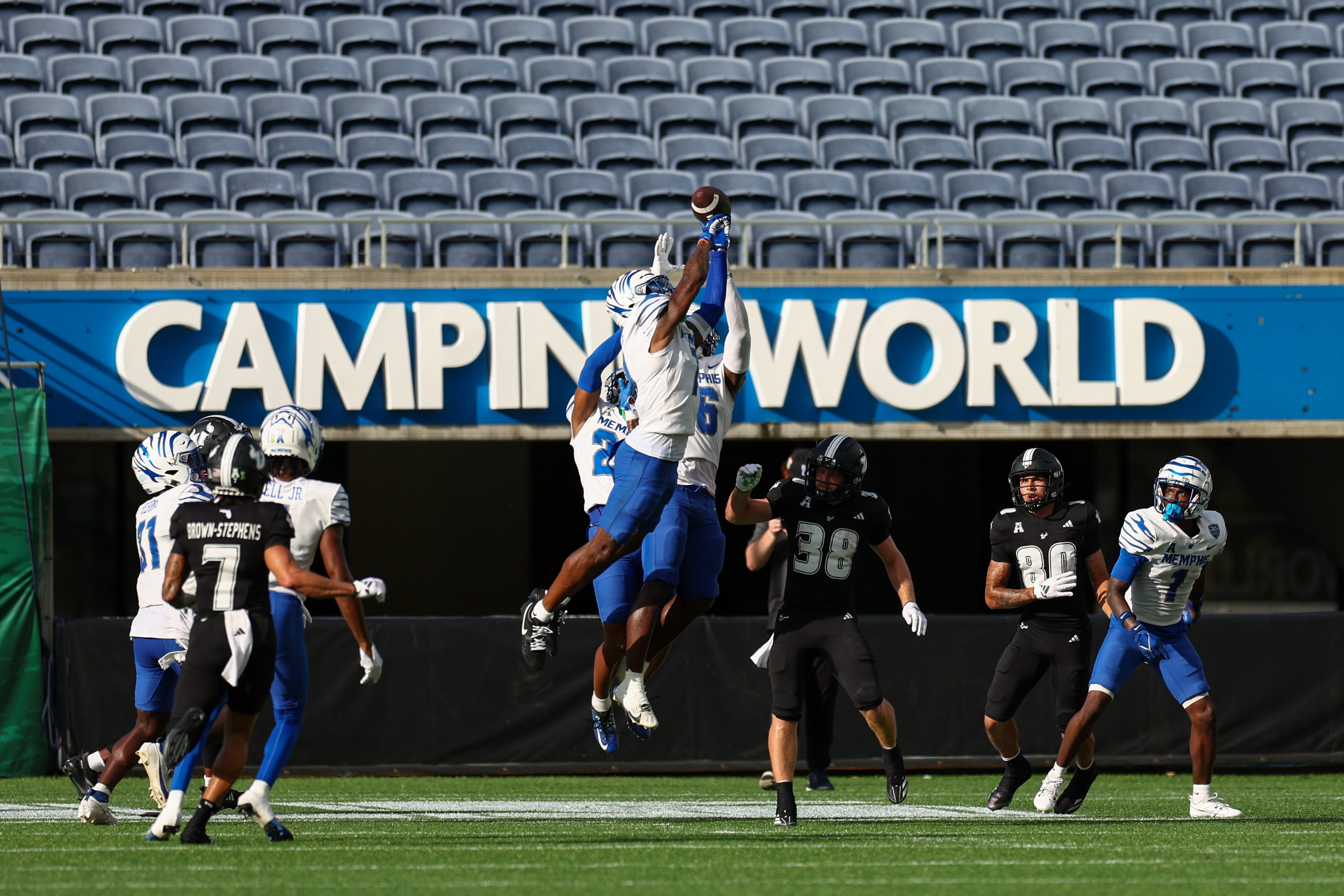 Oct 12, 2024; Orlando, Florida, USA; Memphis Tigers defensive back Kobee Minor breaks up a Hail Mary pass against the South Florida Bulls in the second quarter at Camping World Stadium. 