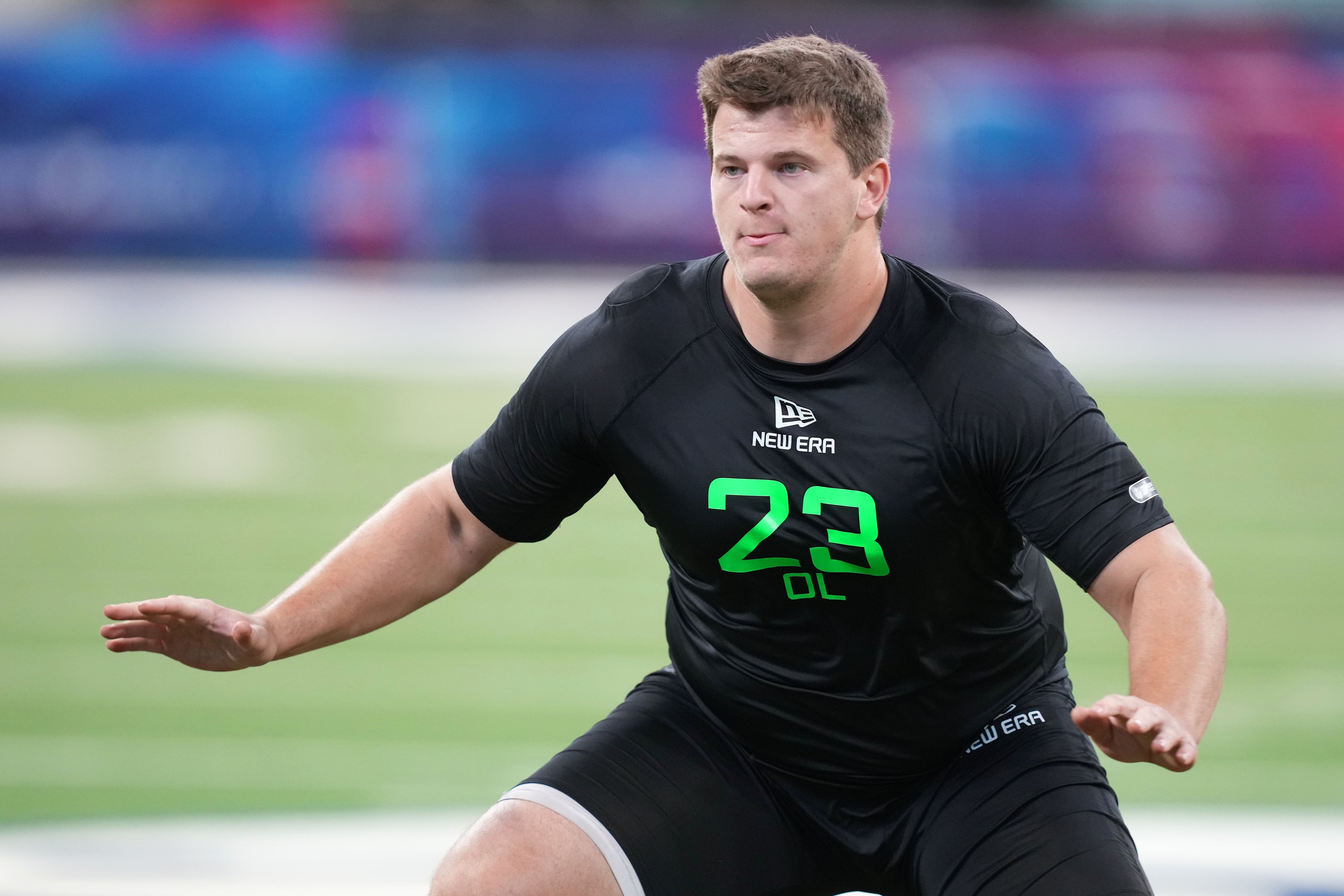 Boston College offensive lineman Drew Kendall (OL23) during the 2025 NFL Combine at Lucas Oil Stadium.