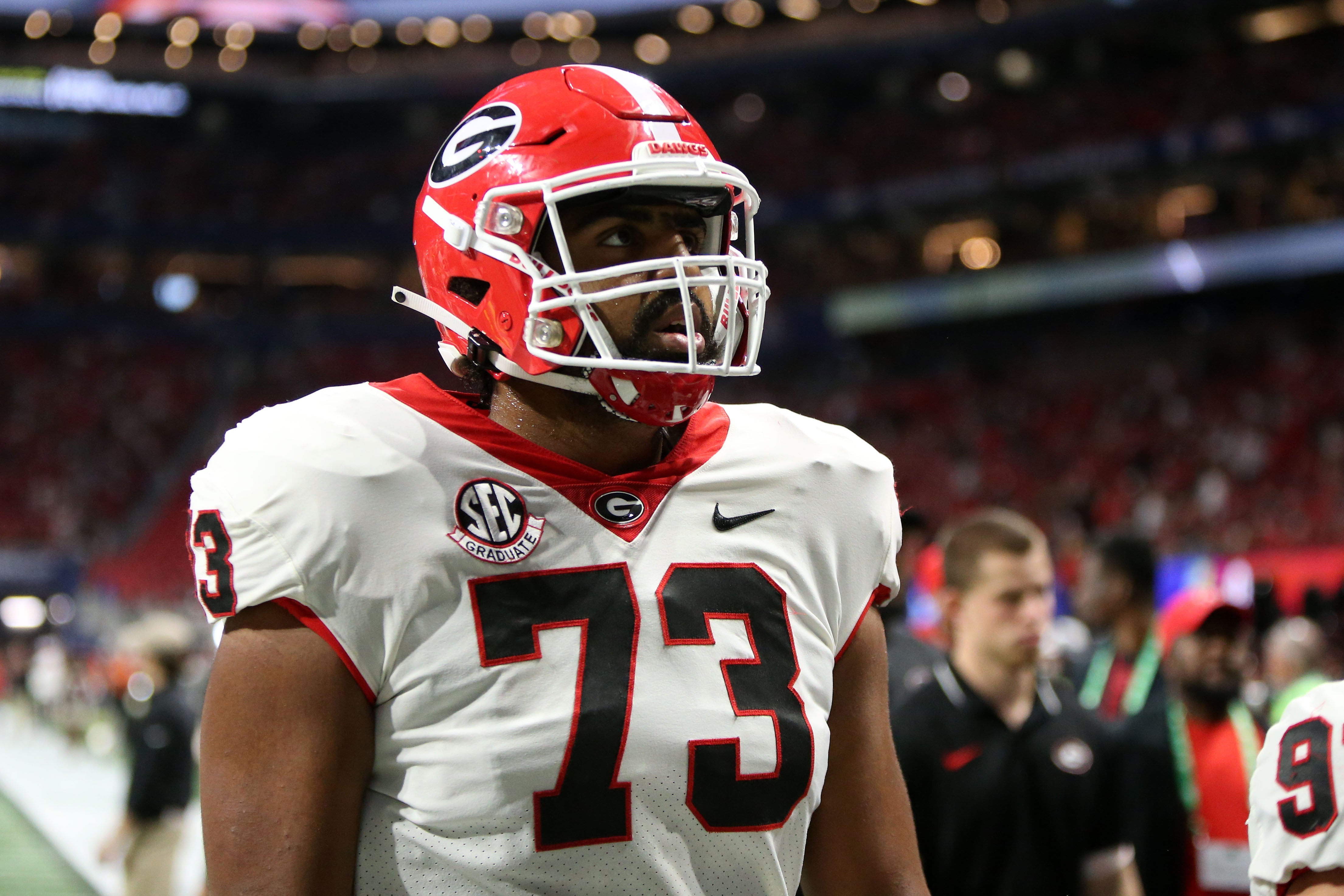 Dec 2, 2023; Atlanta, GA, USA; Georgia Bulldogs offensive lineman Xavier Truss (73) before the SEC Championship game against the Alabama Crimson Tide at Mercedes-Benz Stadium.