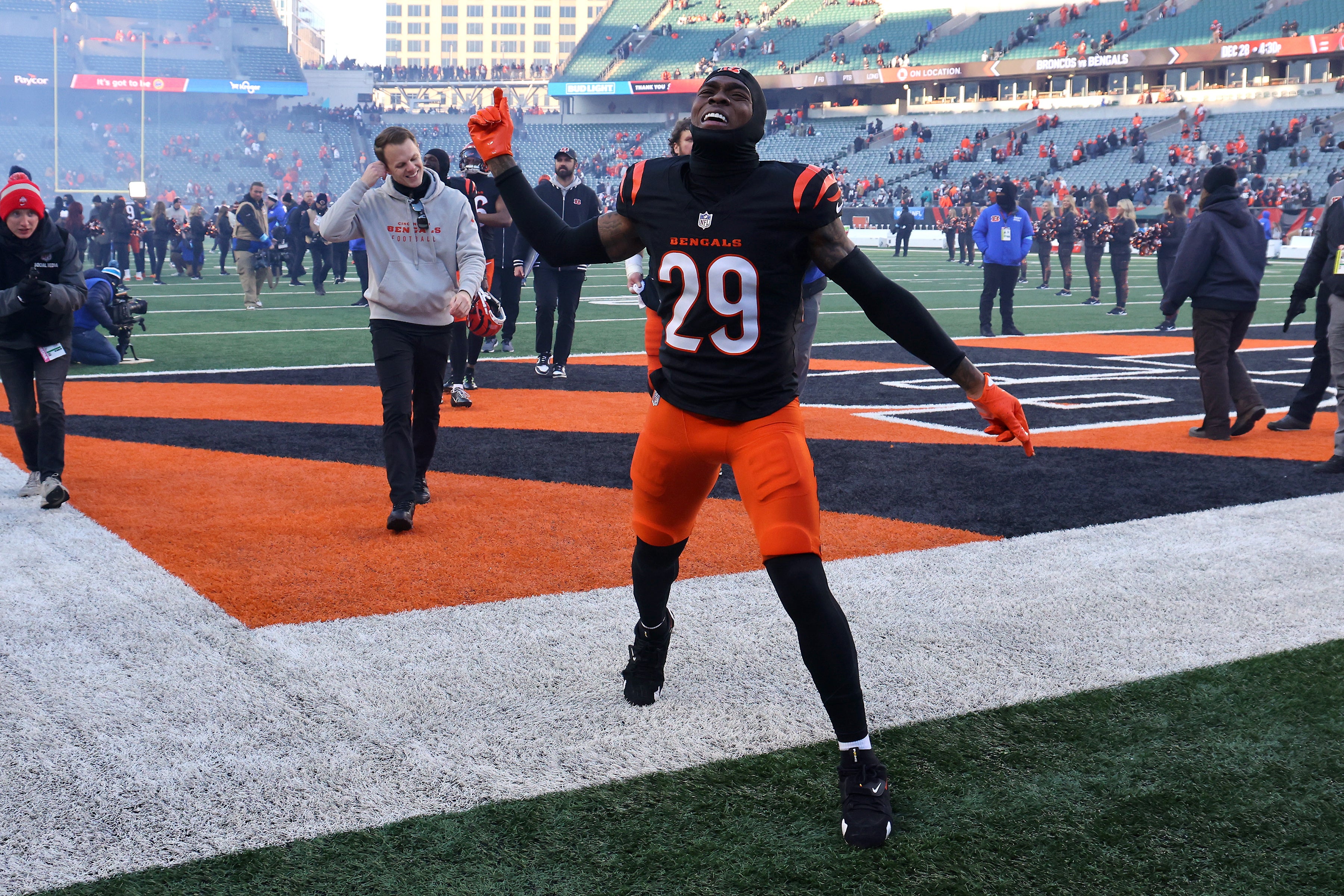Dec 22, 2024; Cincinnati, Ohio, USA; Cincinnati Bengals cornerback Cam Taylor-Britt (29) celebrates a win against the Cleveland Browns at Paycor Stadium.