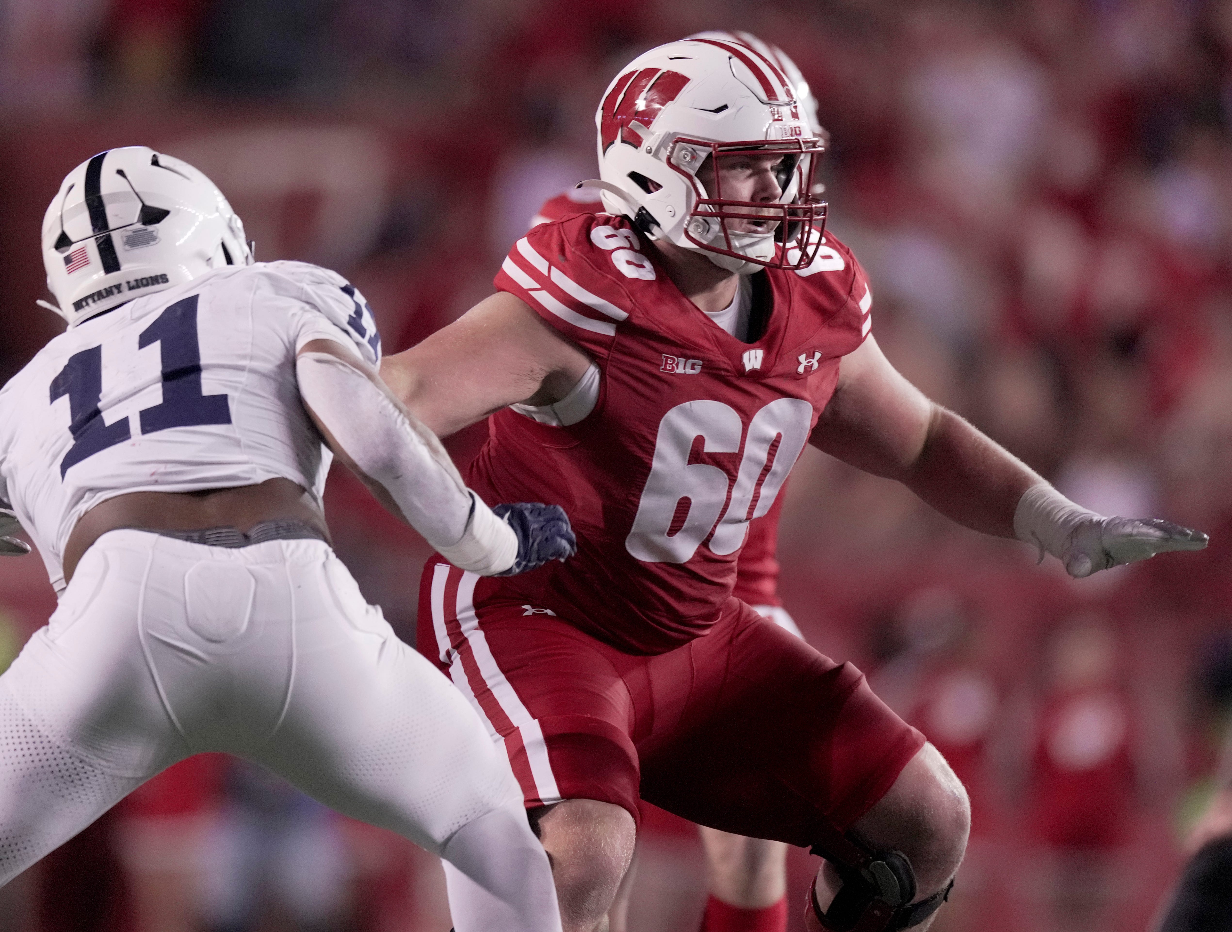 Wisconsin offensive lineman Joe Huber (60) is shown during the third quarter of their game Saturday, October 26, 2024 at Camp Randall Stadium in Madison, Wisconsin. Penn State beat Wisconsin 28-13.