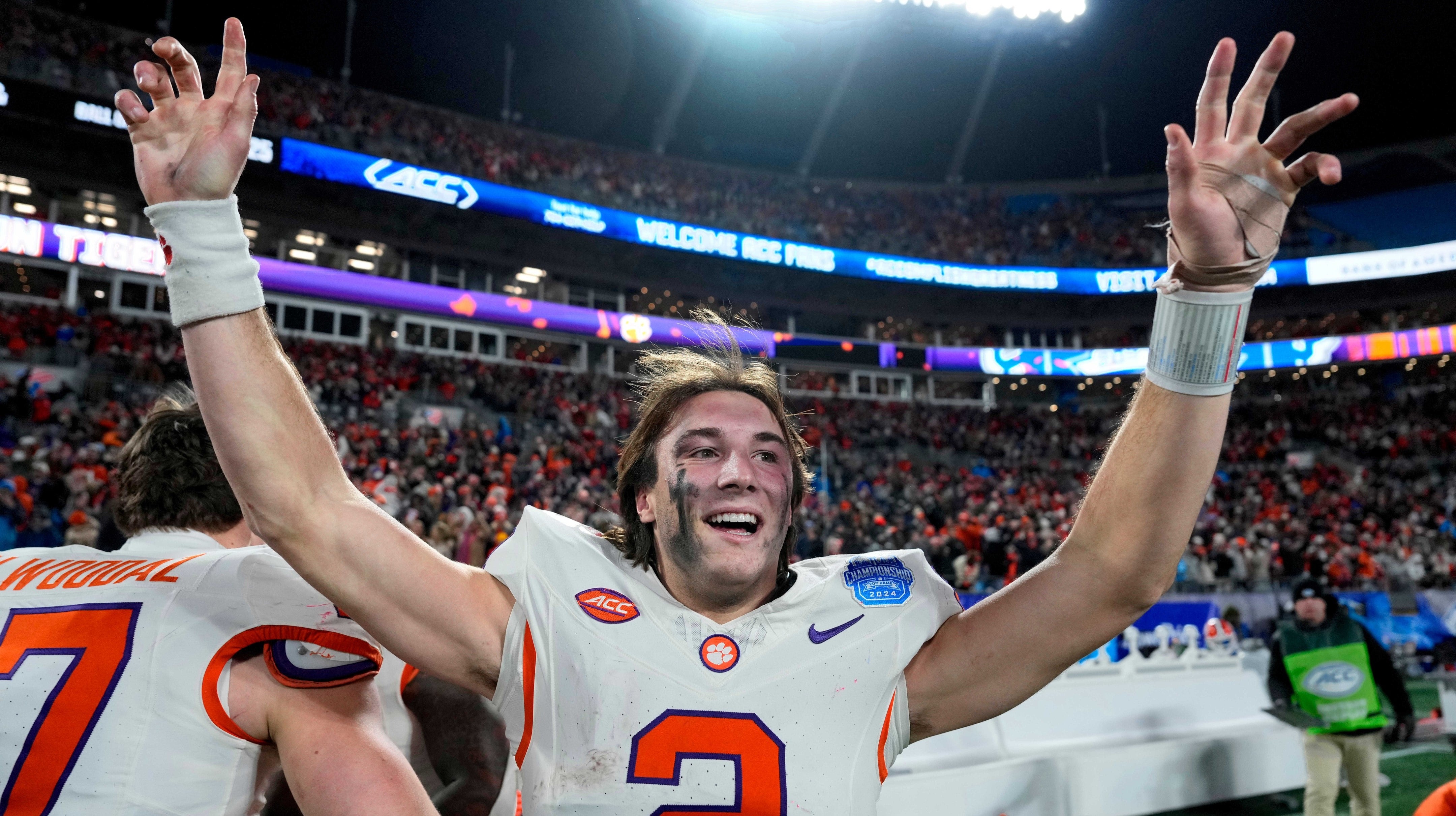 Dec 7, 2024; Charlotte, NC, USA; Clemson Tigers quarterback Cade Klubnik (2) celebrates after defeating the Southern Methodist Mustangs in the 2024 ACC Championship game at Bank of America Stadium.