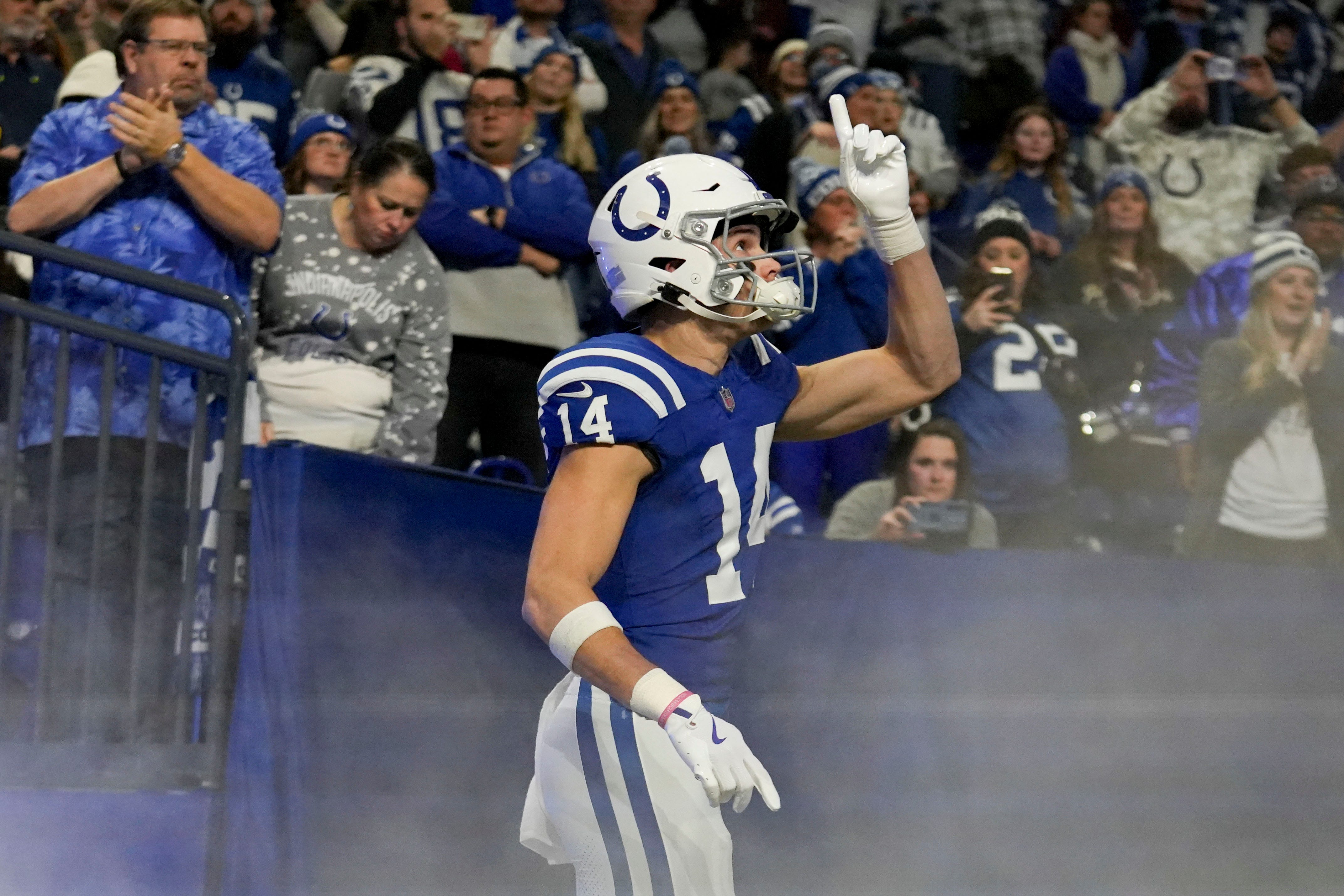Indianapolis Colts wide receiver Alec Pierce (14) takes the field Sunday, Jan. 5, 2025, before a game against the Jacksonville Jaguars at Lucas Oil Stadium in Indianapolis.