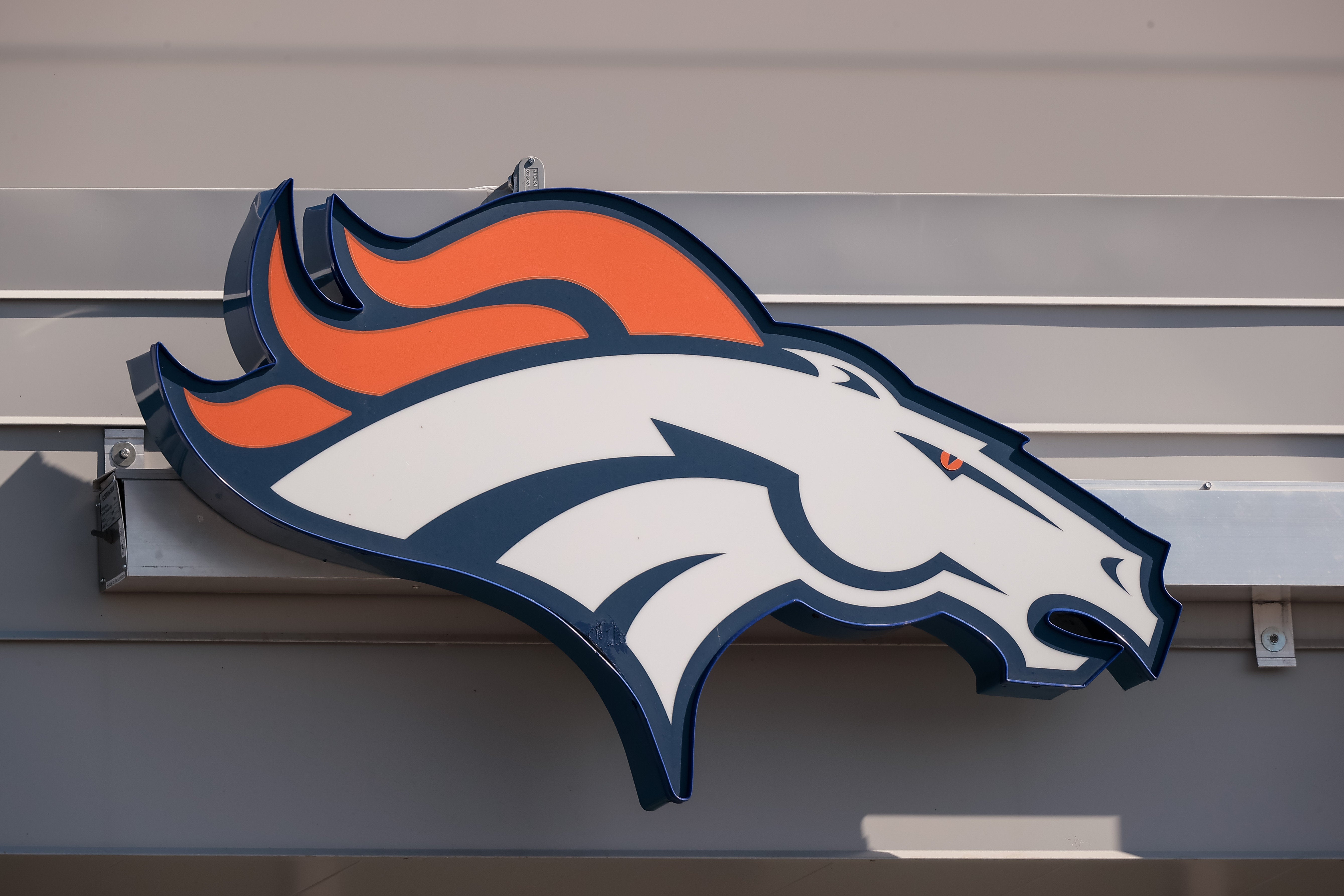 Aug 27, 2020; Englewood, Colorado, USA; A general view of the Denver Broncos logo outside of UCHealth Training Center where practice was cancelled after a morning team meeting.