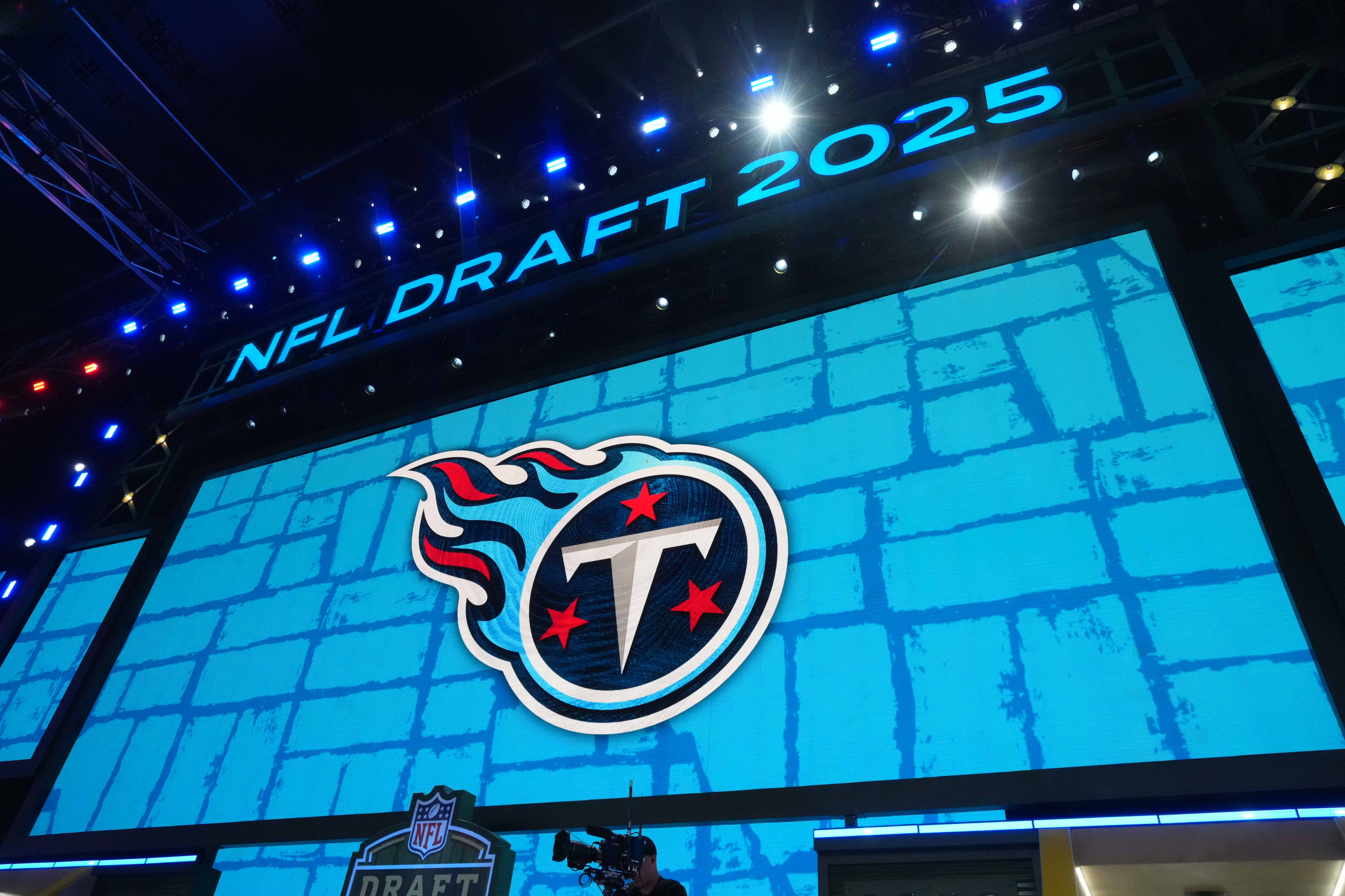 Apr 24, 2025; Green Bay, WI, USA; The Tennessee Titans logo is projected on the video board during the NFL Draft at Lambeau Field