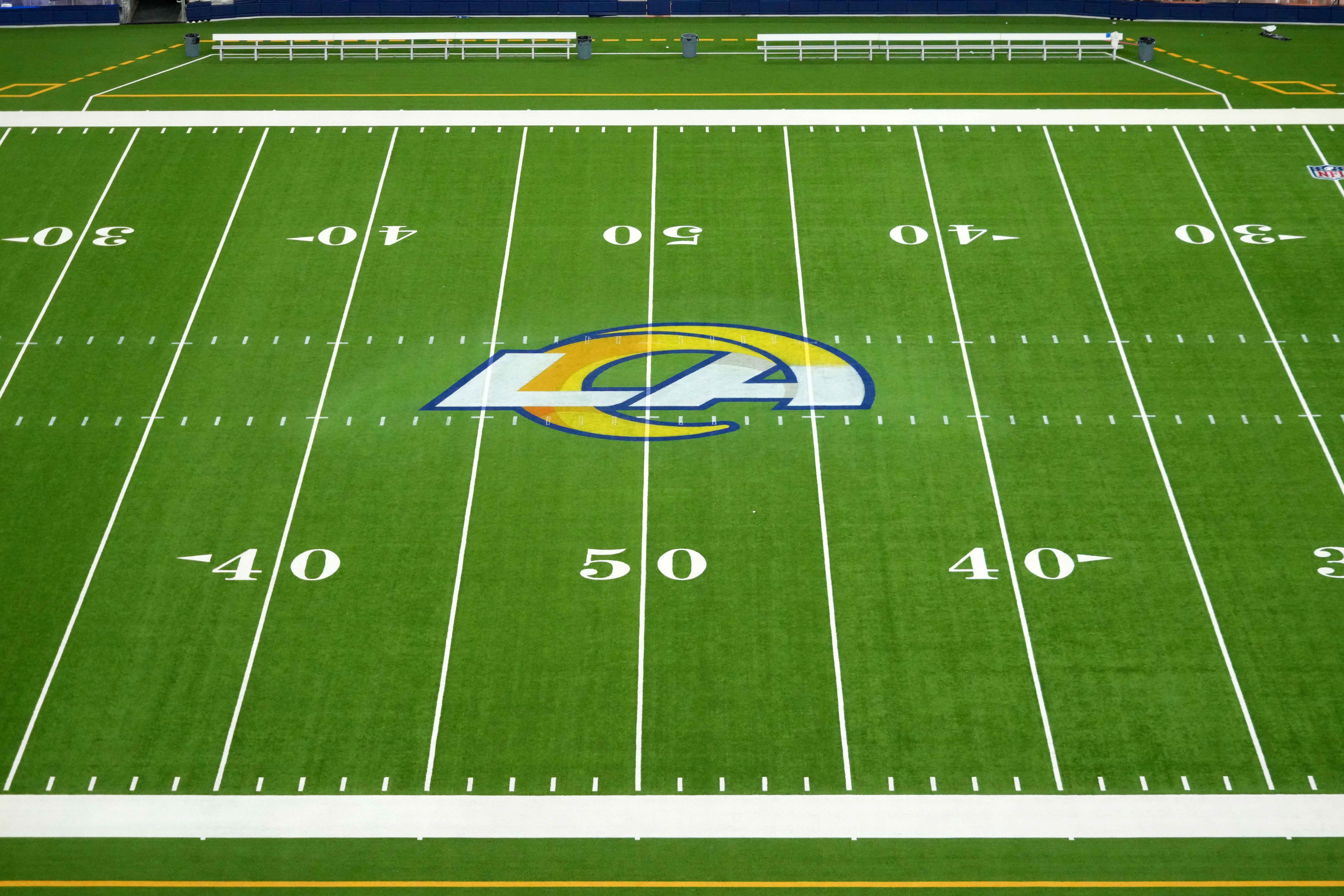 Nov 11, 2024; Inglewood, California, USA; The Los Angeles Rams logo at midfield at SoFi Stadium. 