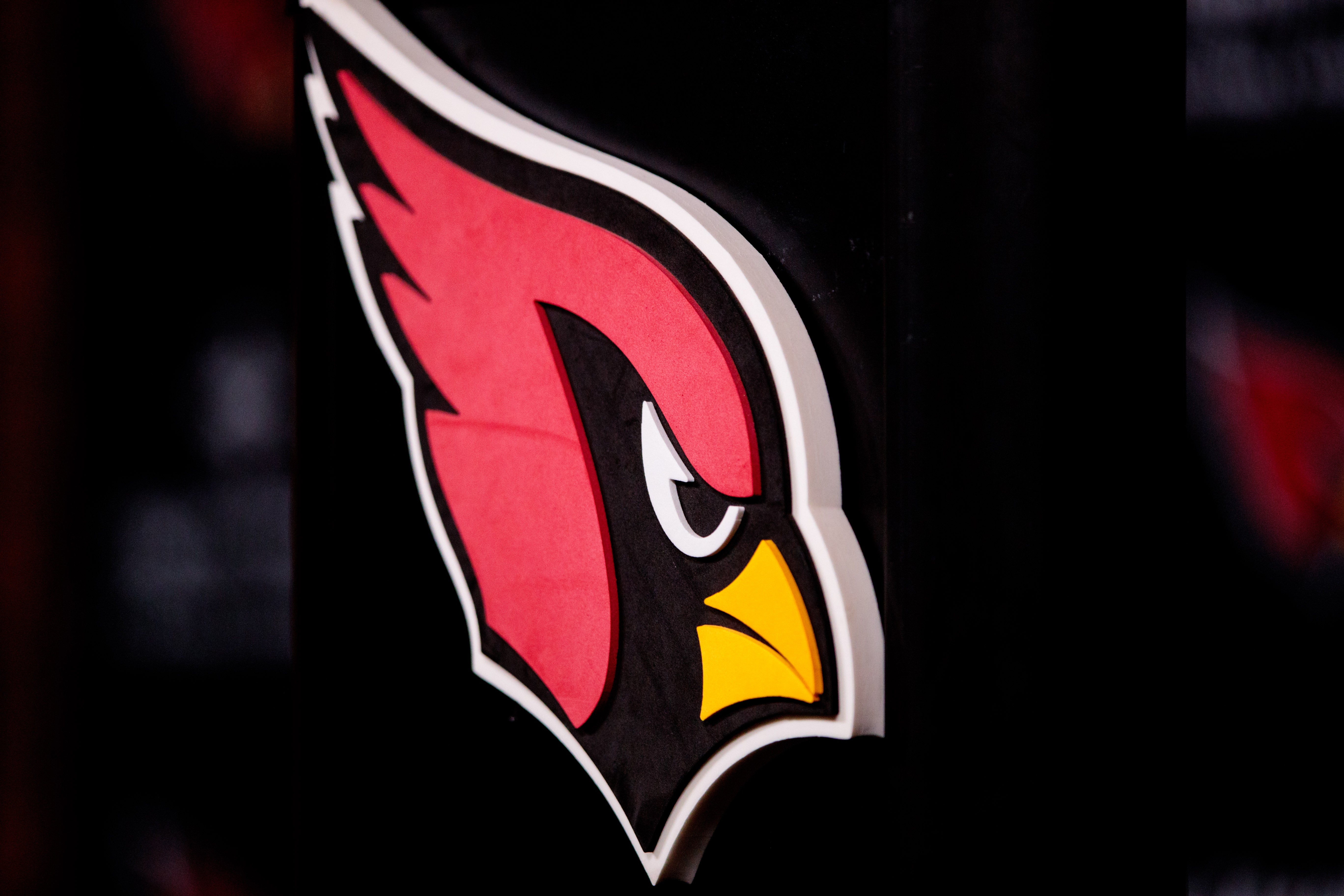 Apr 26, 2019; Tempe, AZ, USA; Detailed view of an Arizona Cardinals logo during a press conference at the Cardinals Training Facility.