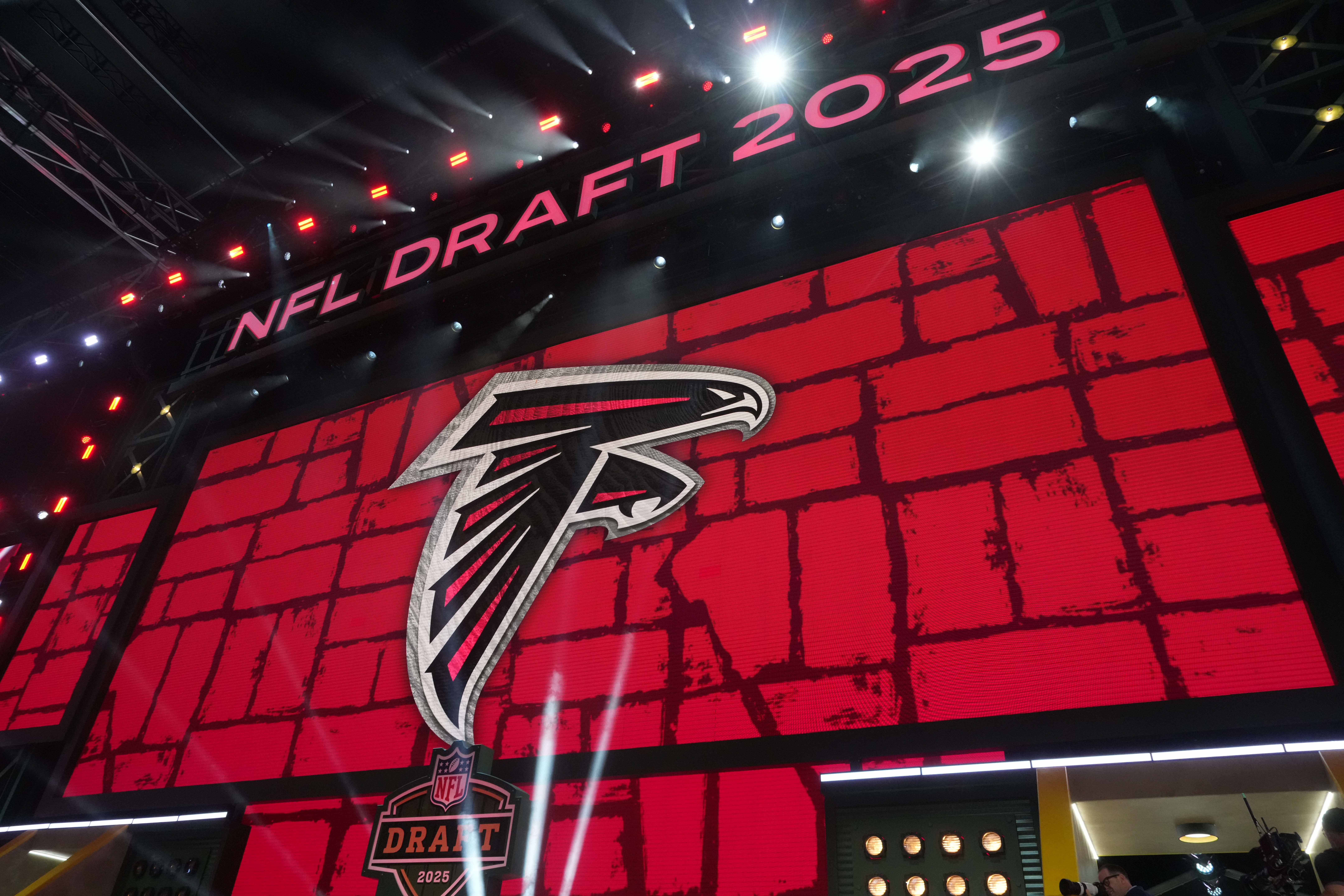 Apr 24, 2025; Green Bay, WI, USA; The Atlanta Falcons logo is projected on the video board during the NFL Draft at Lambeau Field.