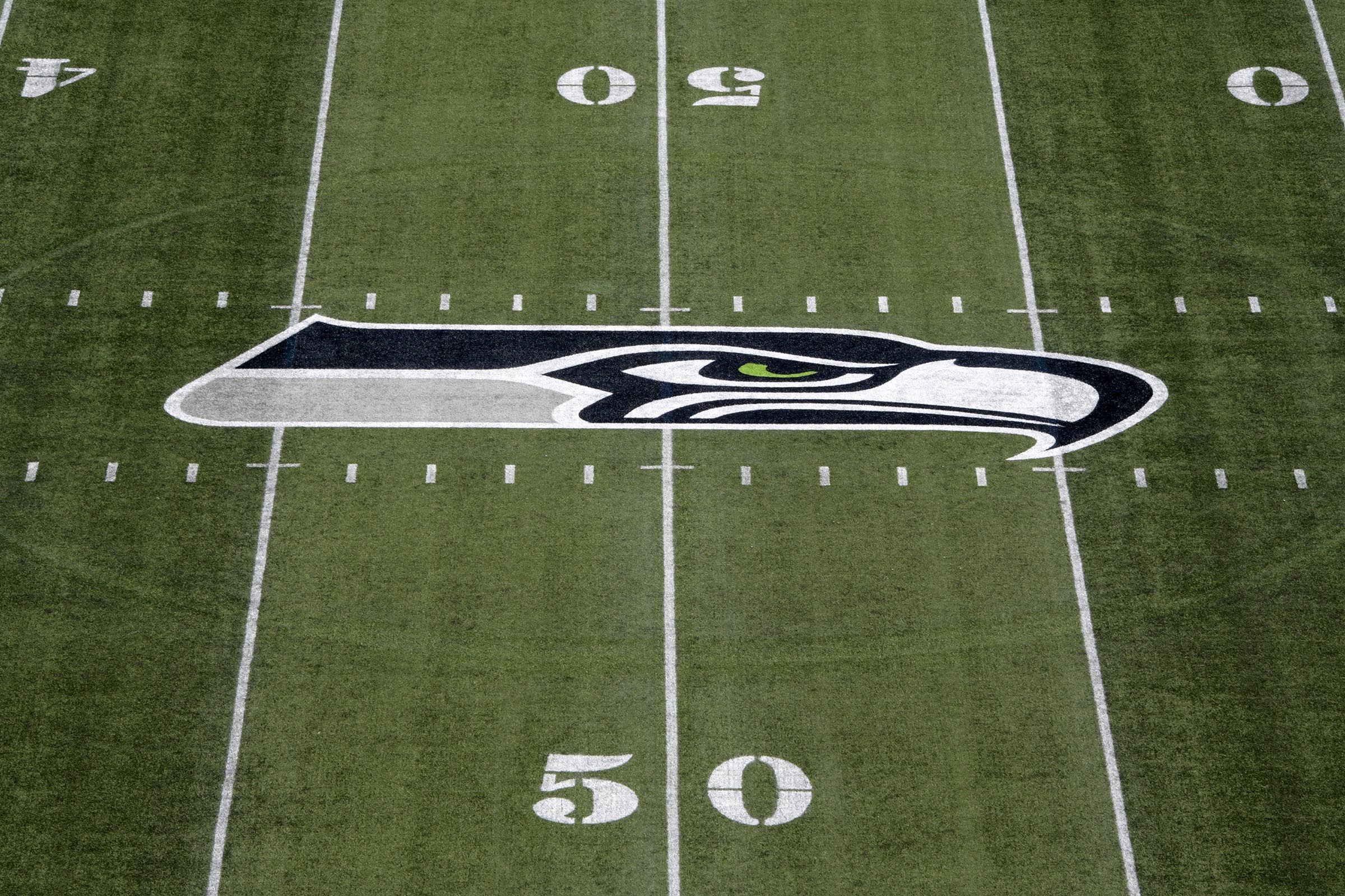 Aug 25, 2017; Seattle, WA, USA; General overall view of Seattle Seahawks logo at CenturyLink Field during a NFL football game against the Kansas City Chiefs.