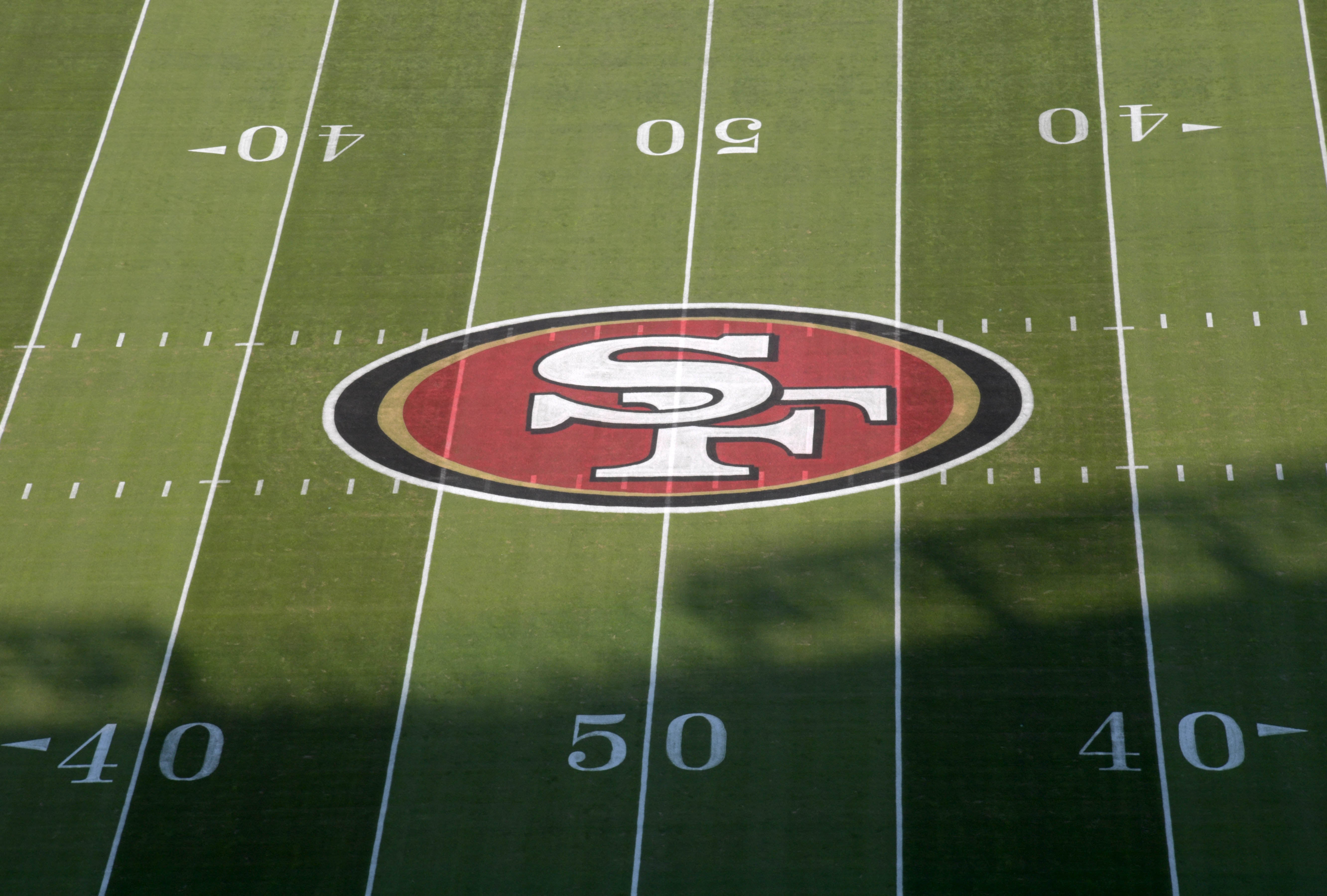 Nov 12, 2018; Santa Clara, CA, USA; A general overall view of the San Francisco 49ers logo at midfield at Levi's Stadium prior to the game against the New York Giants.