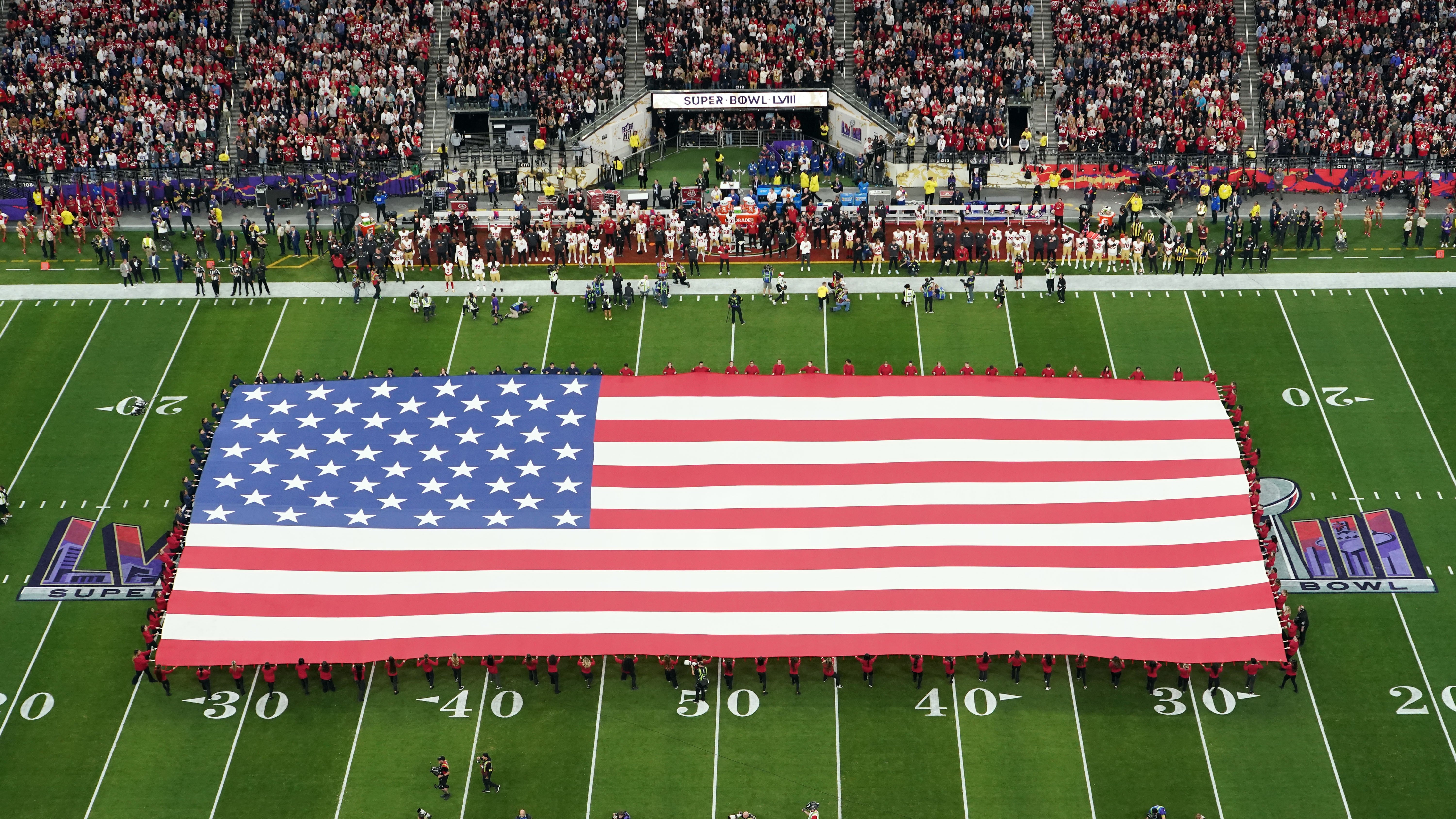  A general view during the National Anthem before Super Bowl LVIII between the San Francisco 49ers and Kansas City Chiefs at Allegiant Stadium.