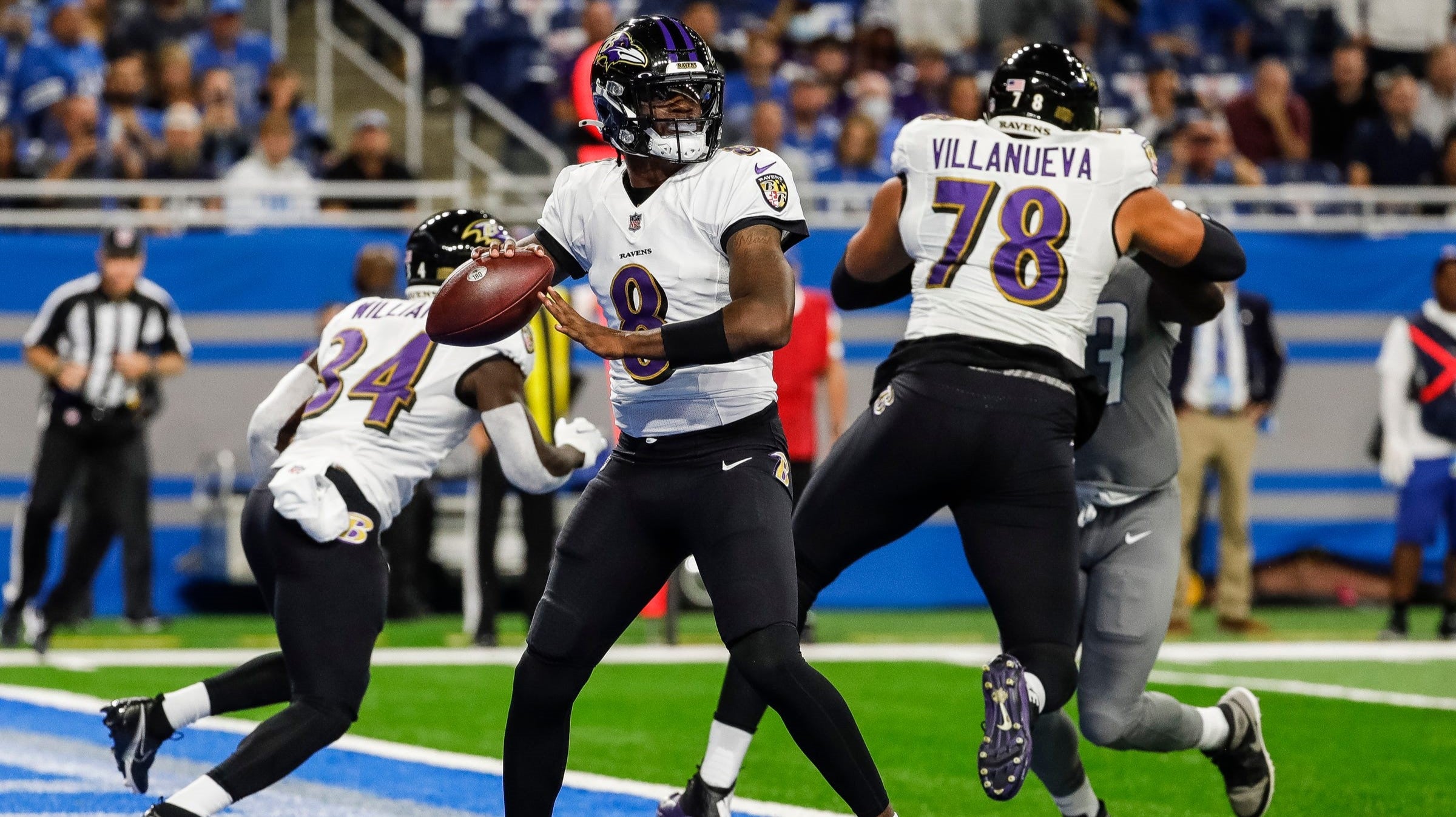 Baltimore Ravens quarterback Lamar Jackson makes a pass against the Detroit Lions during the first half at Ford Field in Detroit on Sunday, Sept. 26, 2021.