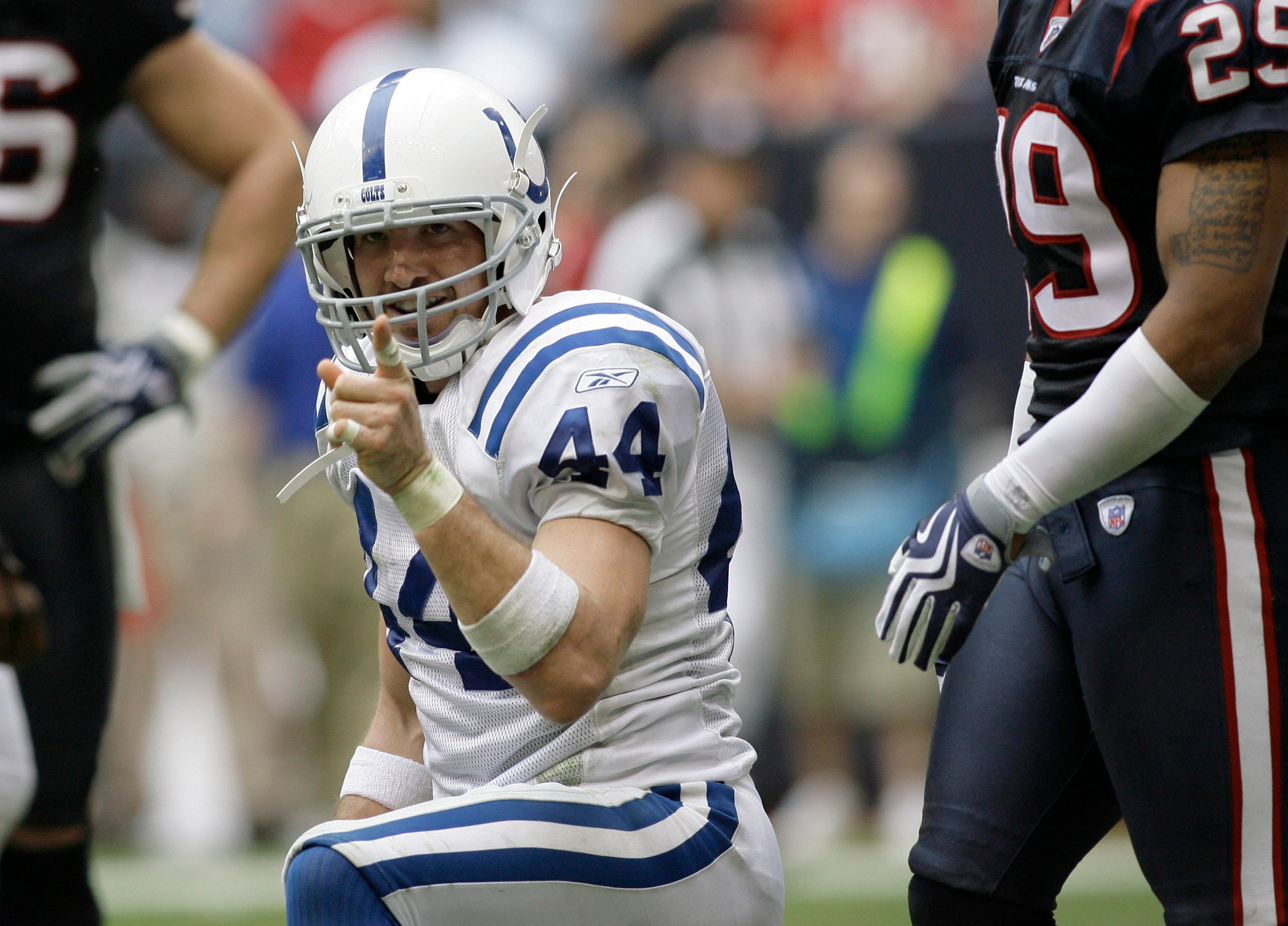 Nov 29, 2009; Houston, TX, USA; Indianapolis Colts tight end Dallas Clark (44) reacts after scoring a touchdown against the Houston Texans in the fourth quarter at Reliant Stadium. The Colts defeated the Texans 35-27.
