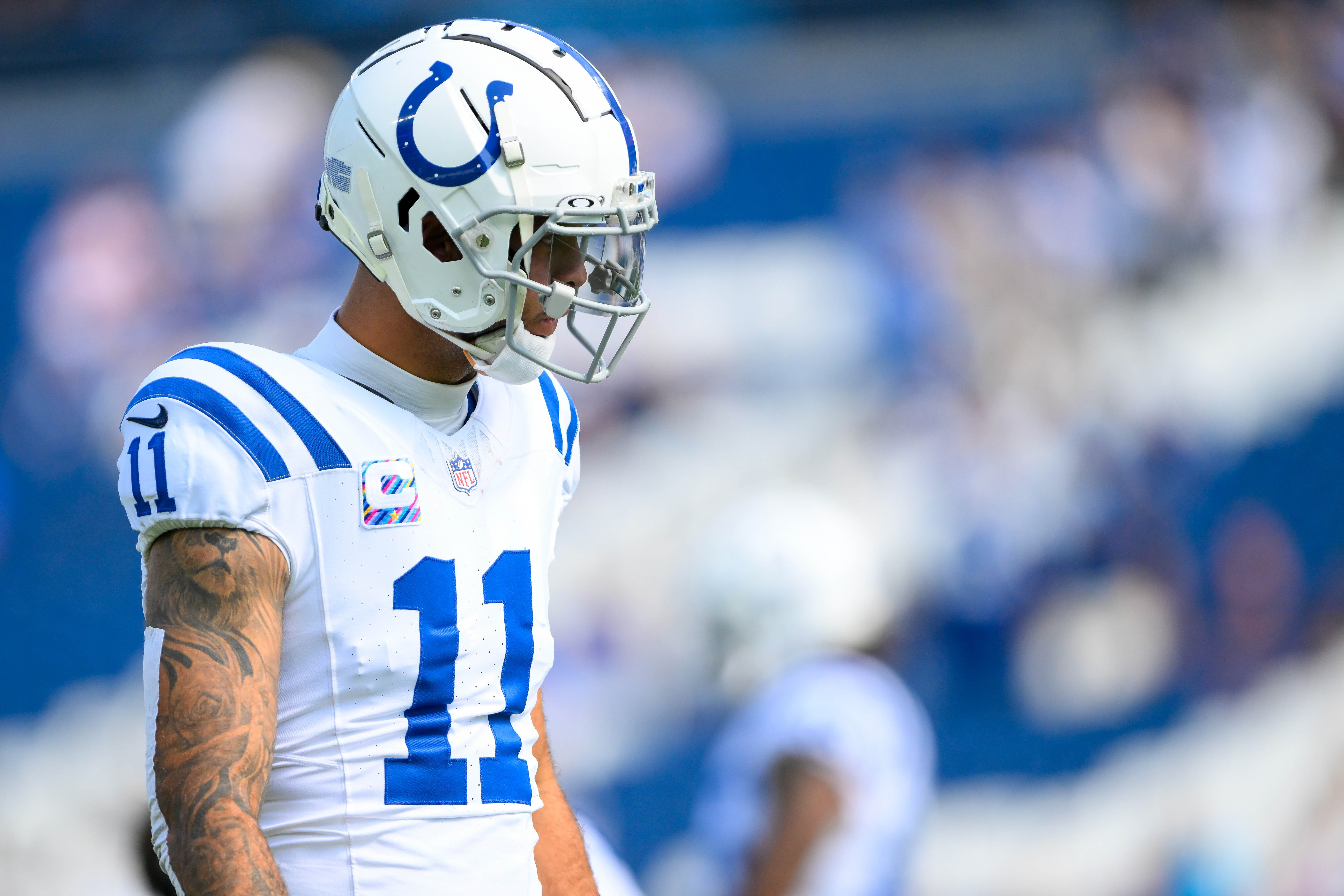Oct 13, 2024; Nashville, Tennessee, USA; Indianapolis Colts wide receiver Michael Pittman Jr. (11) during pregame warmups against the Tennessee Titans at Nissan Stadium.