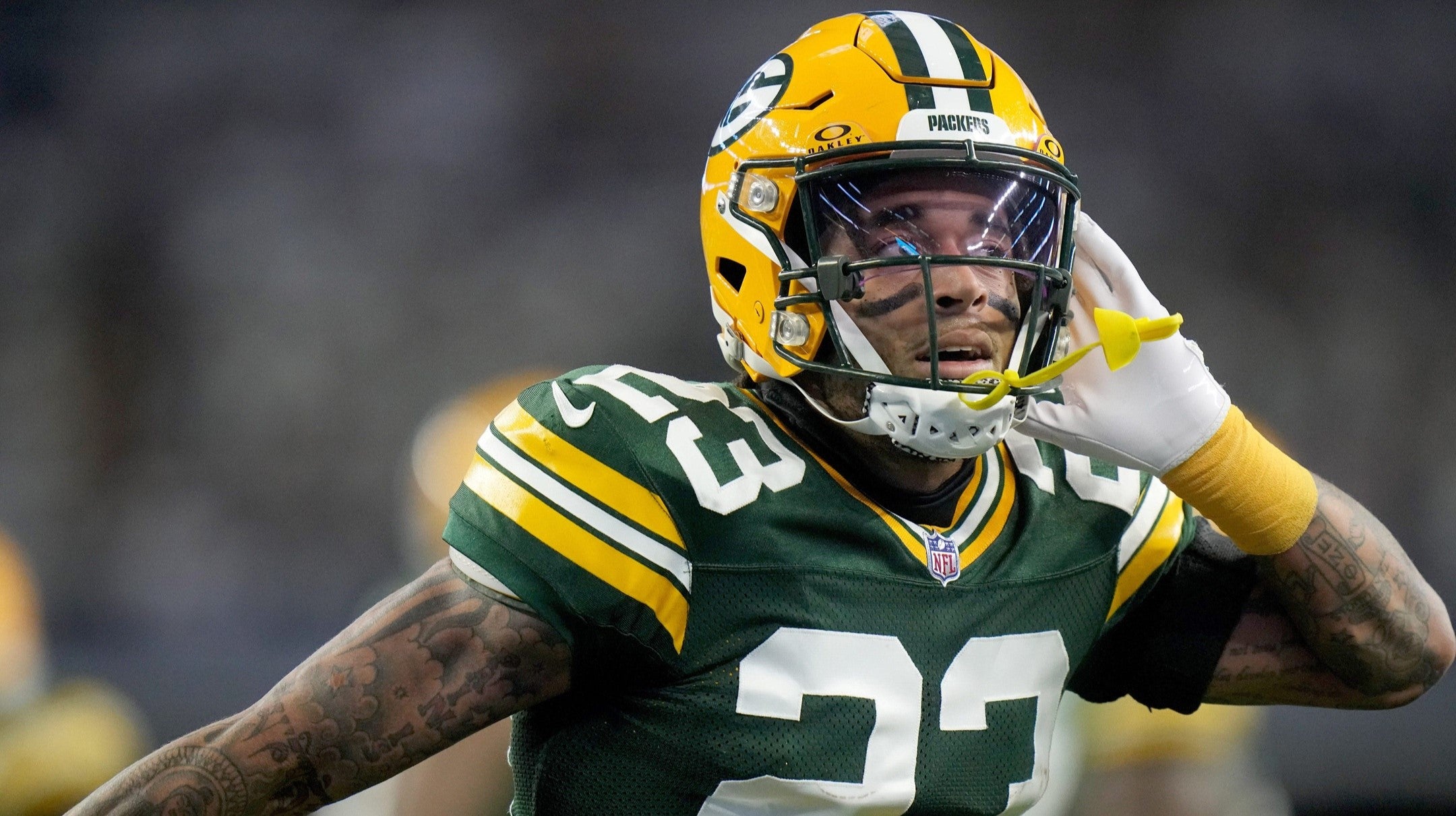 Green Bay Packers cornerback Jaire Alexander (23) reacts after intercepting a pass during the first quarter of the wild card playoff game against the Dallas Cowboys Sunday, January 14, 2024 at AT&T Stadium in Arlington, Texas. 