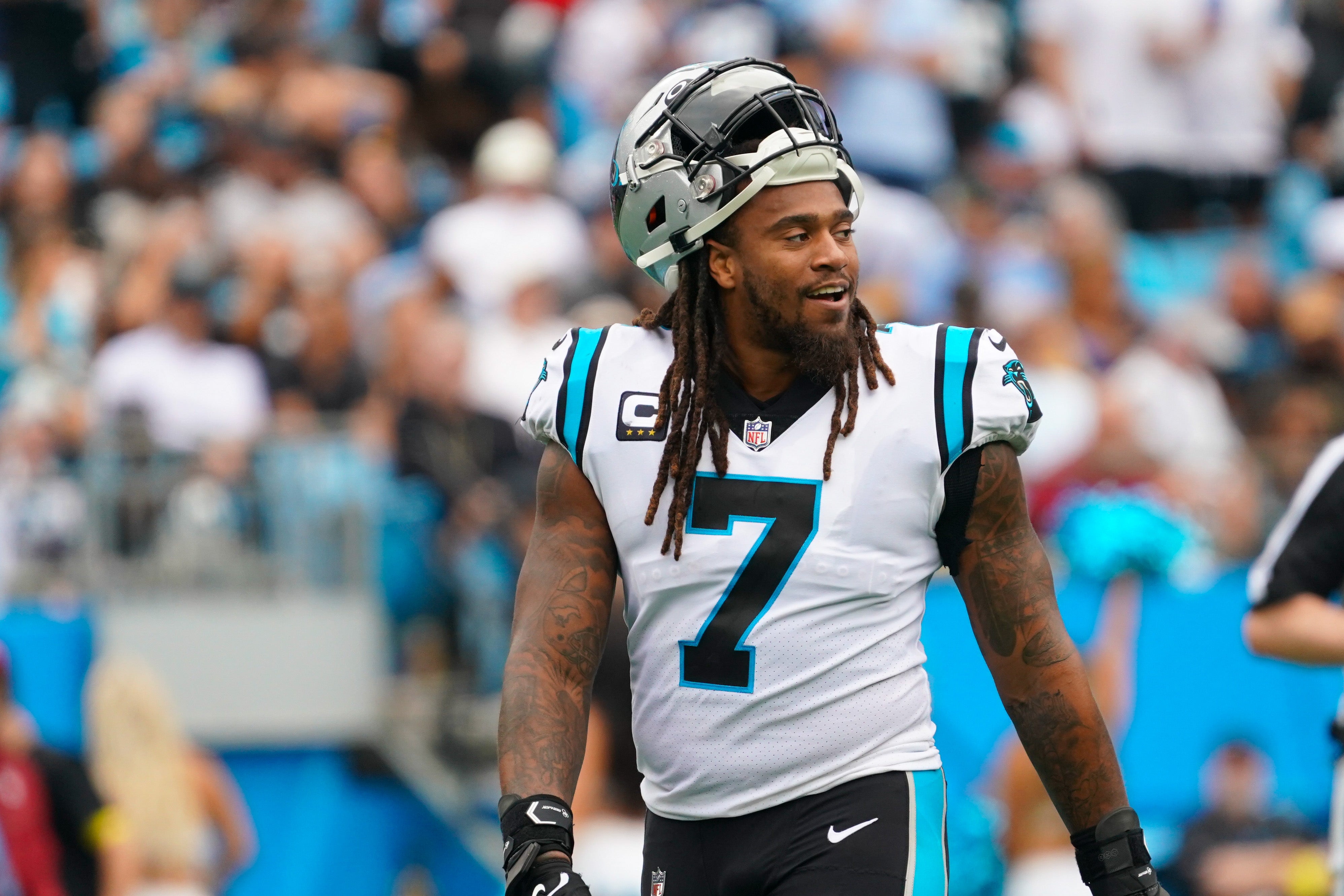 Sep 25, 2022; Charlotte, North Carolina, USA; Carolina Panthers linebacker Shaq Thompson (7) looks on against the New Orleans Saints during the second half at Bank of America Stadium.