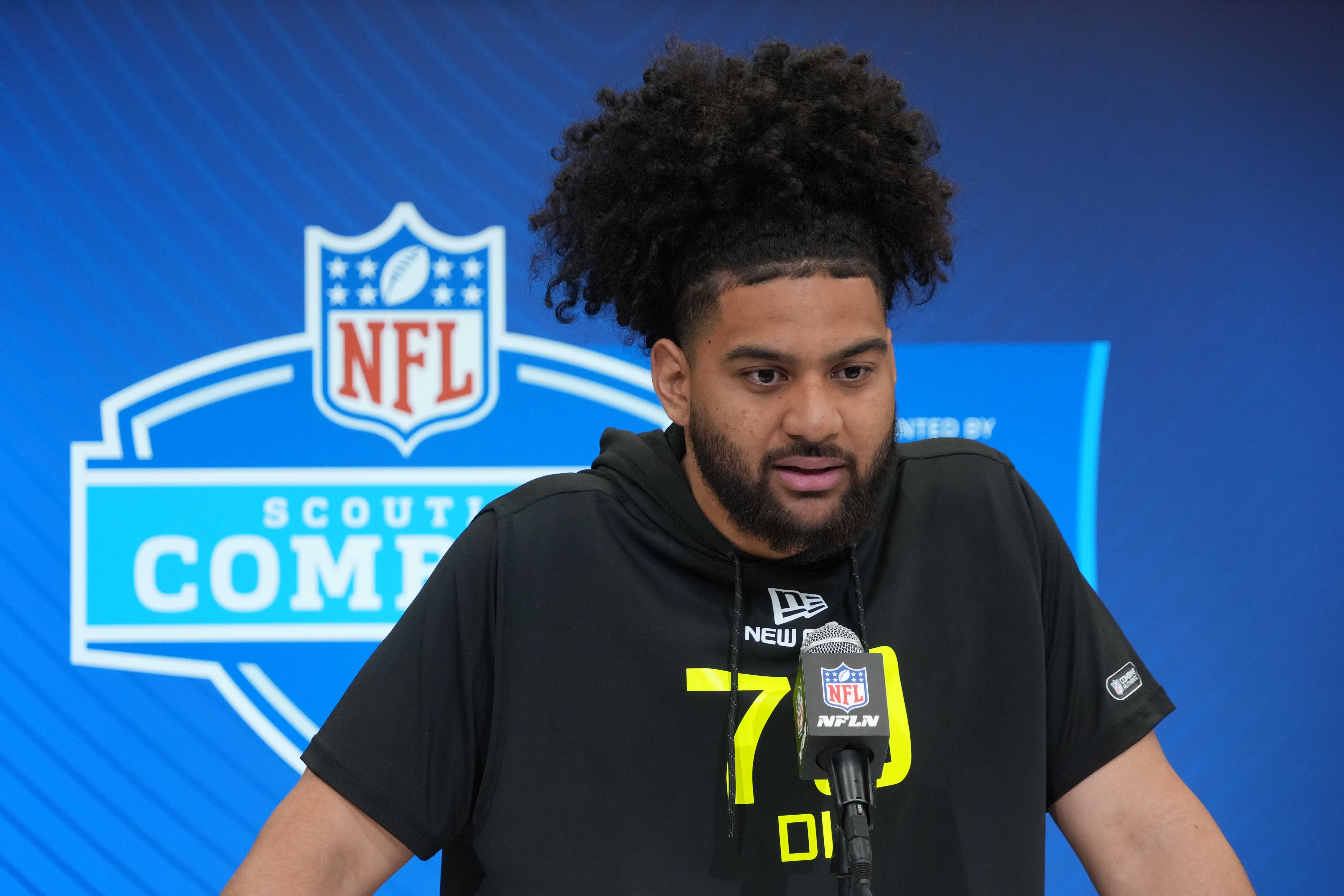 Feb 27, 2025; Indianapolis, IN, USA; Ohio State defensive lineman J.T. Tuimoloau (DL70) during the 2025 NFL Scouting Combine at the Indiana Convention Center.