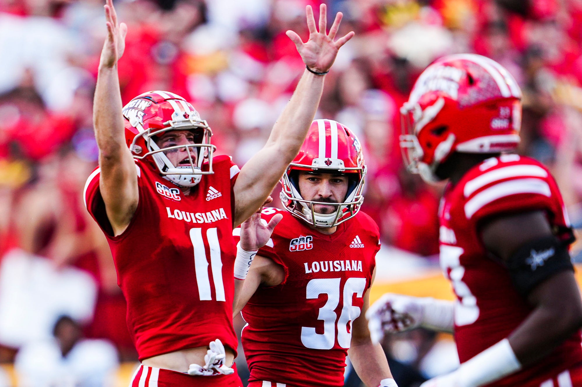 Dec 4, 2021; Lafayette, LA, USA; Louisiana Ragin Cajuns wide receiver Dalen Cambre (11) celebrates after a field goal during the second quarter against the Appalachian State Mountaineers during the Sun Belt Conference championship game.