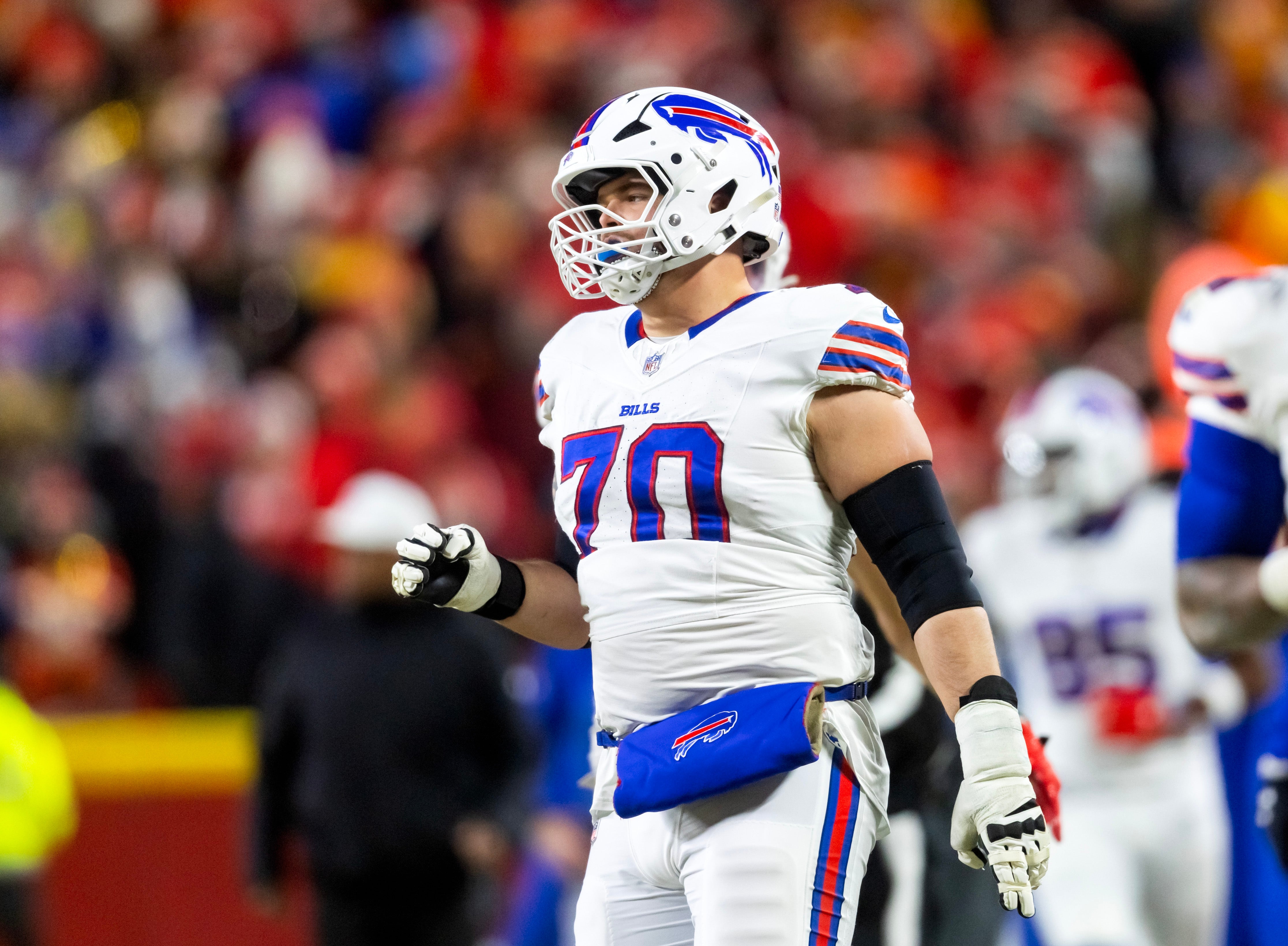 Jan 26, 2025; Kansas City, MO, USA; Buffalo Bills offensive tackle Alec Anderson (70) against the Kansas City Chiefs during the AFC Championship game at GEHA Field at Arrowhead Stadium.