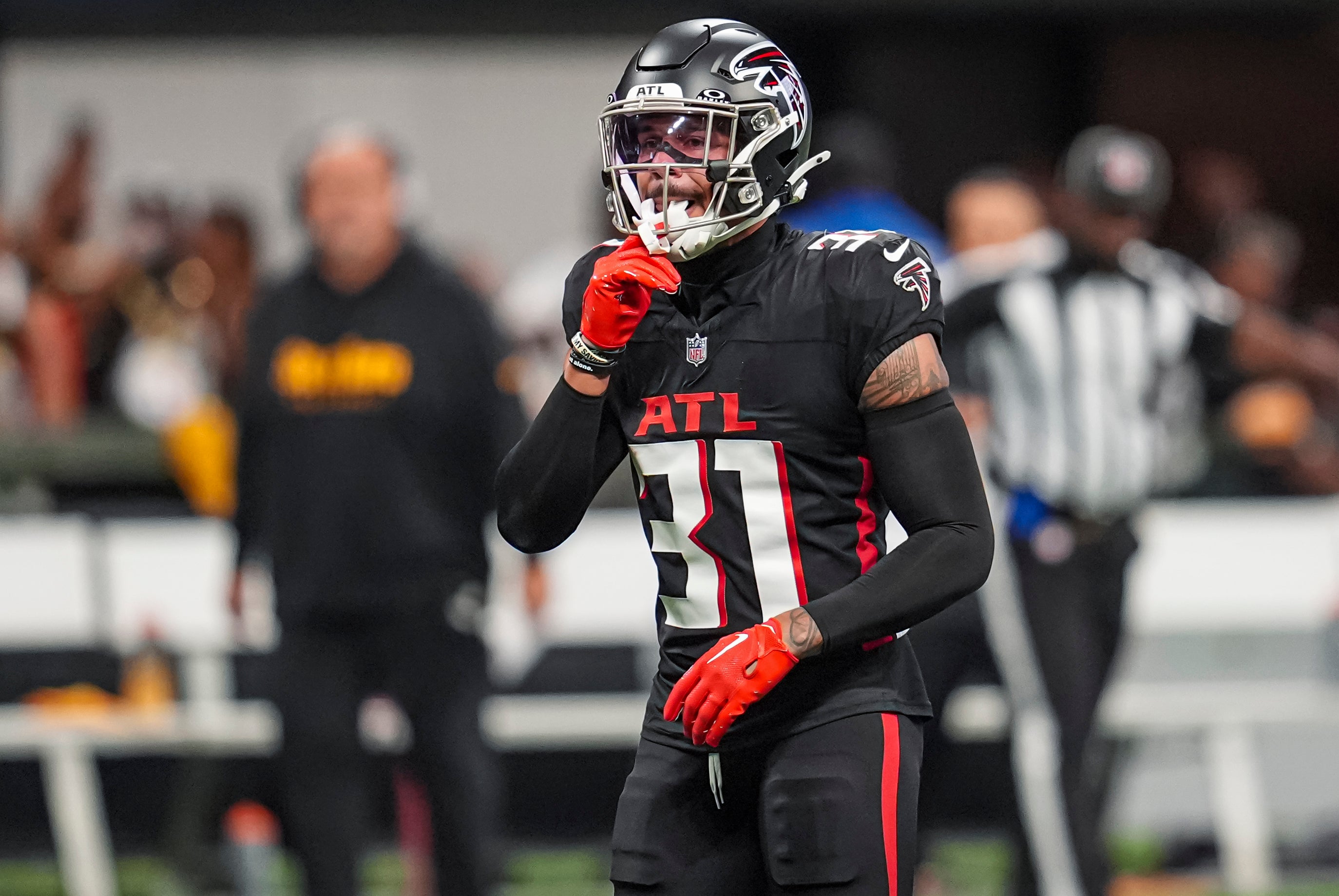 Sep 8, 2024; Atlanta, Georgia, USA; Atlanta Falcons safety Justin Simmons (31) on the field during the game against the Pittsburgh Steelers at Mercedes-Benz Stadium.