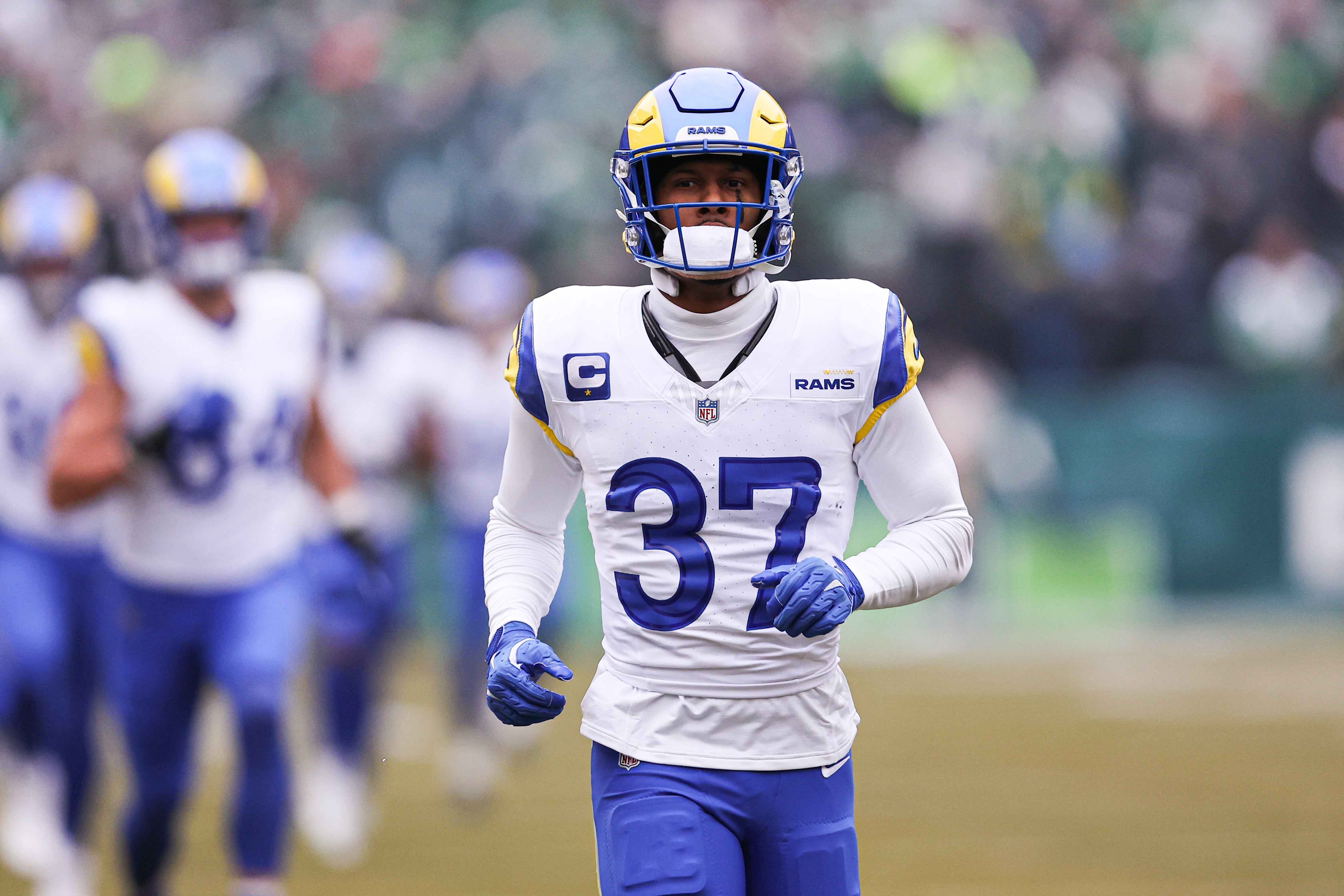 Jan 19, 2025; Philadelphia, Pennsylvania, USA; Los Angeles Rams safety Quentin Lake (37) before action against the Philadelphia Eagles in a 2025 NFC divisional round game at Lincoln Financial Field.