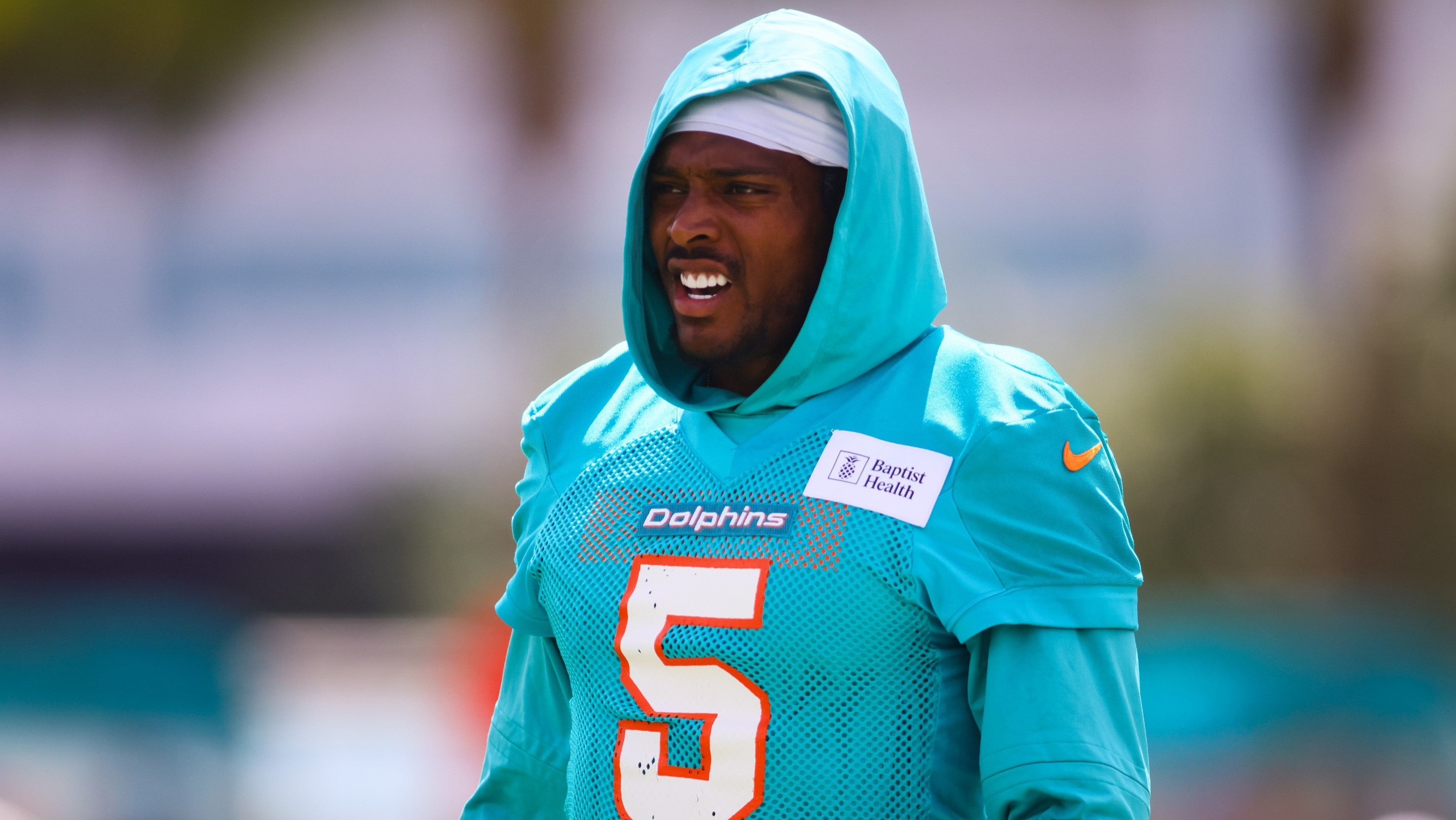 Jul 28, 2024; Miami Gardens, FL, USA; Miami Dolphins cornerback Jalen Ramsey (5) looks on during training camp at Baptist Health Training Complex.