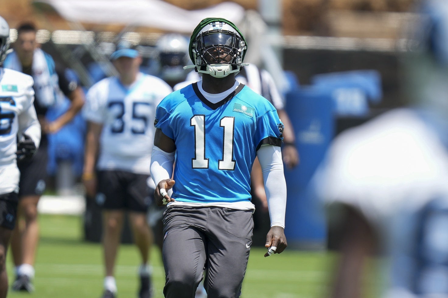 Carolina Panthers linebacker Nic Scourton (11) during minicamp at Bank of America Stadium.