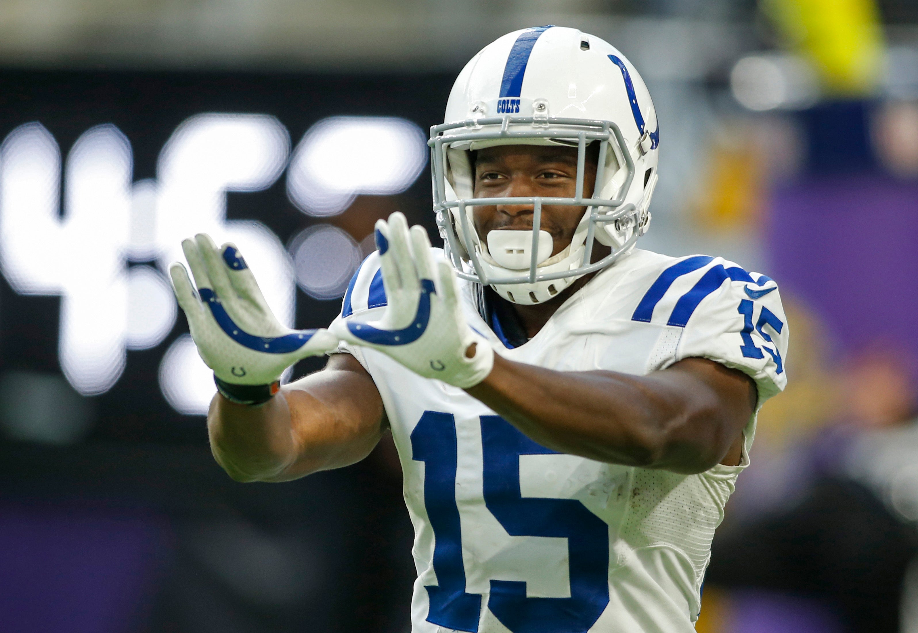 Dec 18, 2016; Minneapolis, MN, USA; Indianapolis Colts wide receiver Phillip Dorsett (15) celebrates his touchdown against the Minnesota Vikings in the fourth quarter at U.S. Bank Stadium. The Colts won 34-6.