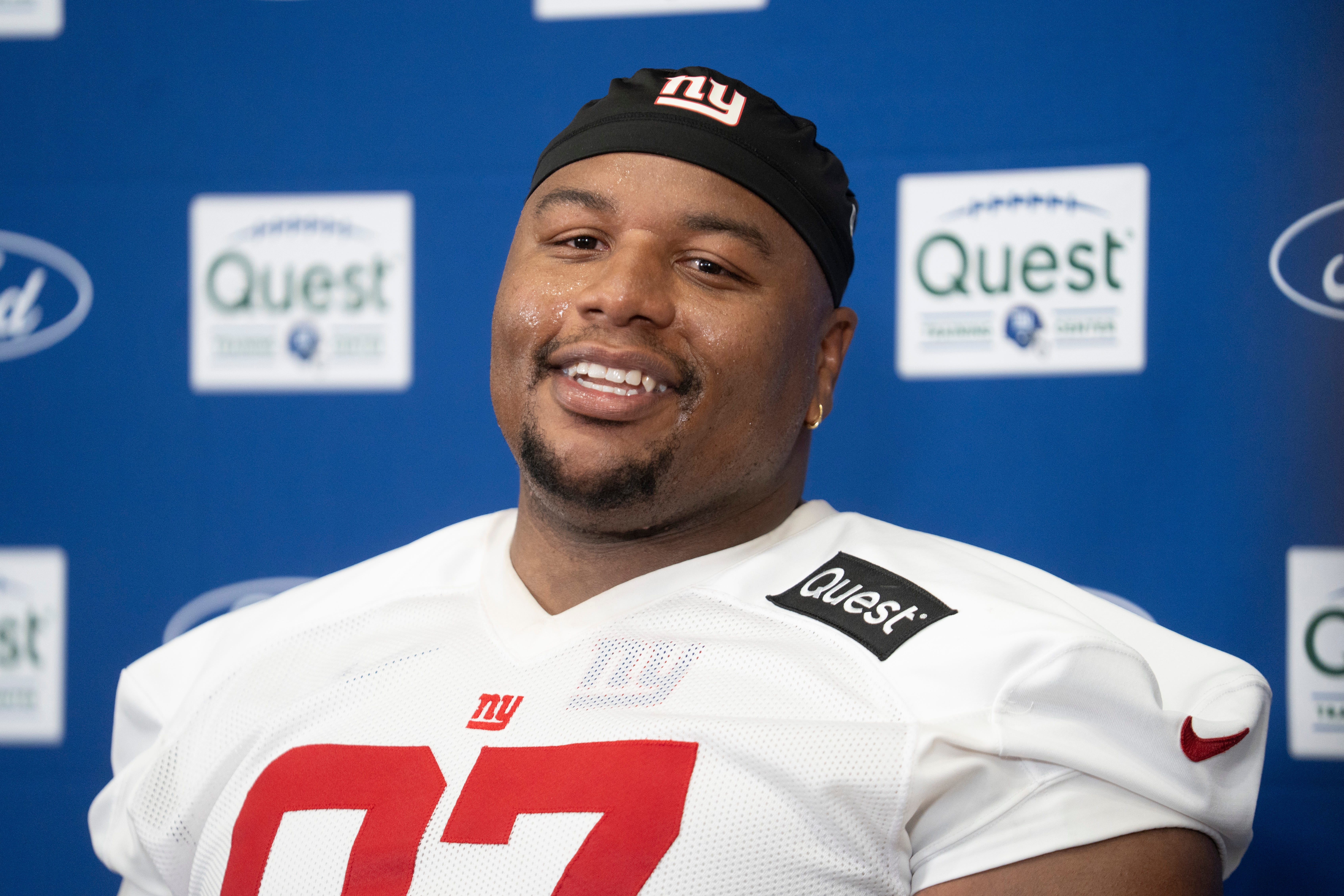 New York Giants defensive tackle Dexter Lawrence II (97) speaks at a press conference during day one of the New York Giants training camp at Quest Diagnostics Giants Training Center in East Rutherford on Wednesday, July 23, 2025.
