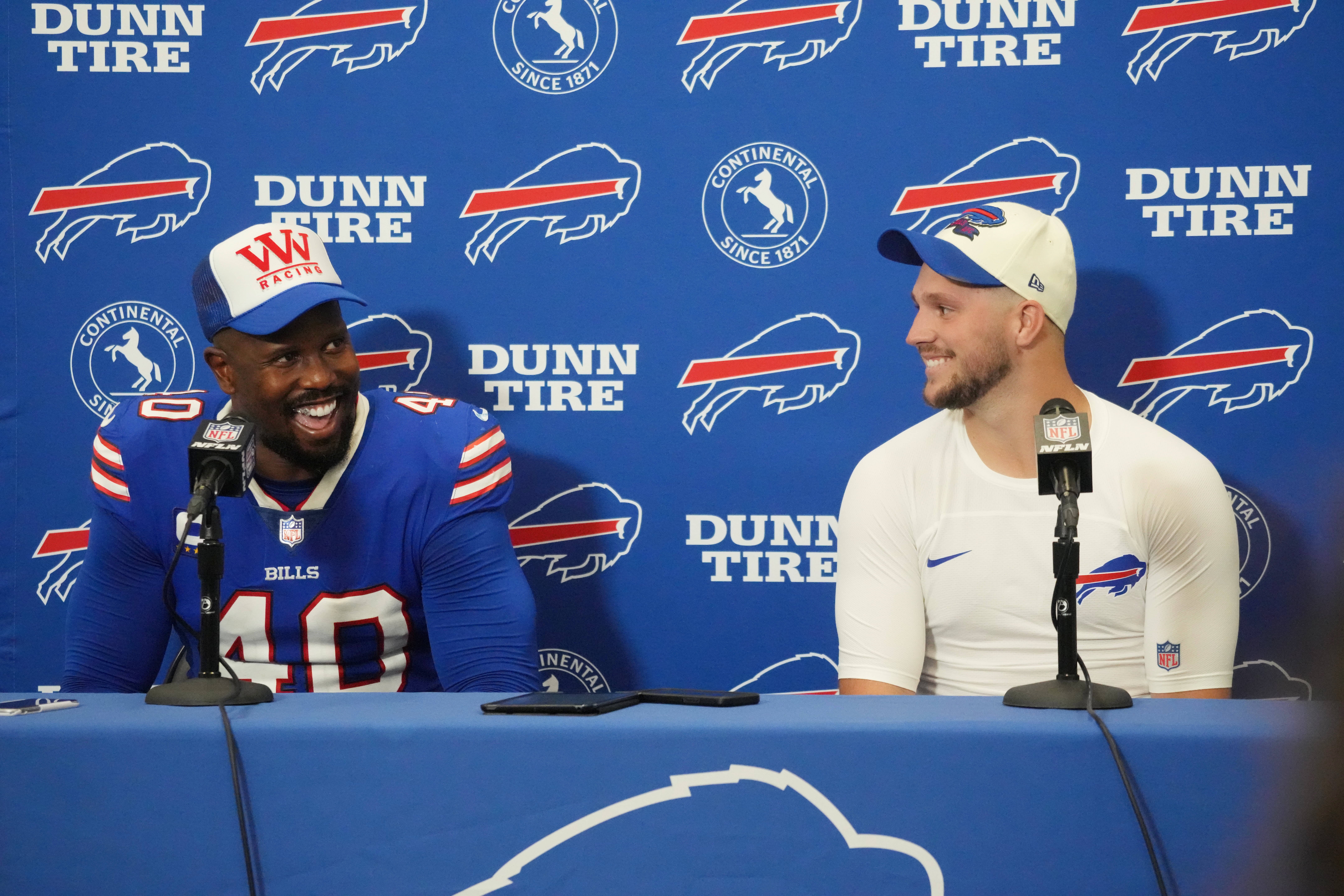 Sep 8, 2022; Inglewood, California, USA; Buffalo Bills linebacker Von Miller (40) and quarterback Josh Allen (17) talks to the press after the game against the Los Angeles Rams at SoFi Stadium. 