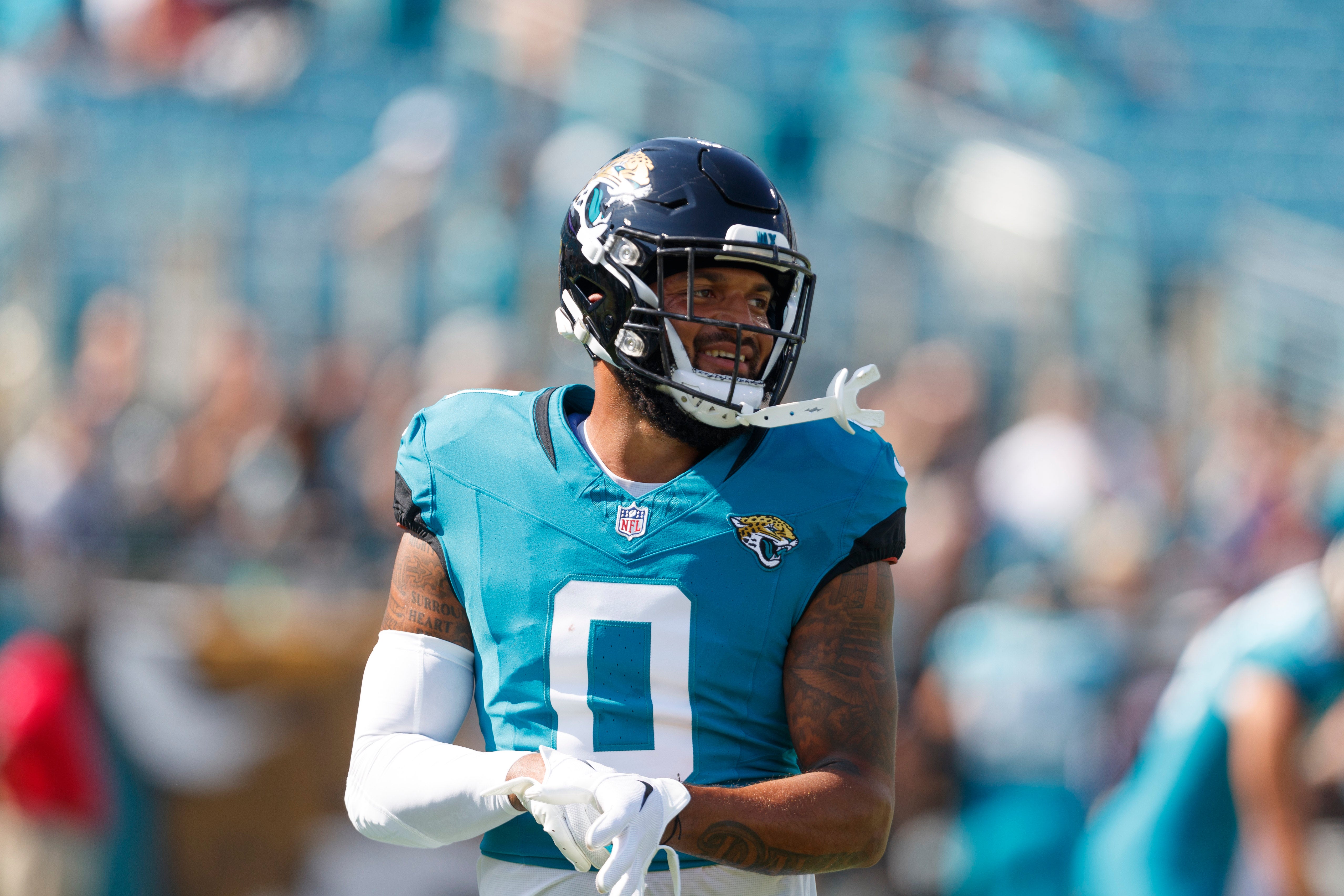 Oct 27, 2024; Jacksonville, Florida, USA; Jacksonville Jaguars wide receiver Gabe Davis (0) before the game against the Green Bay Packers at EverBank Stadium.