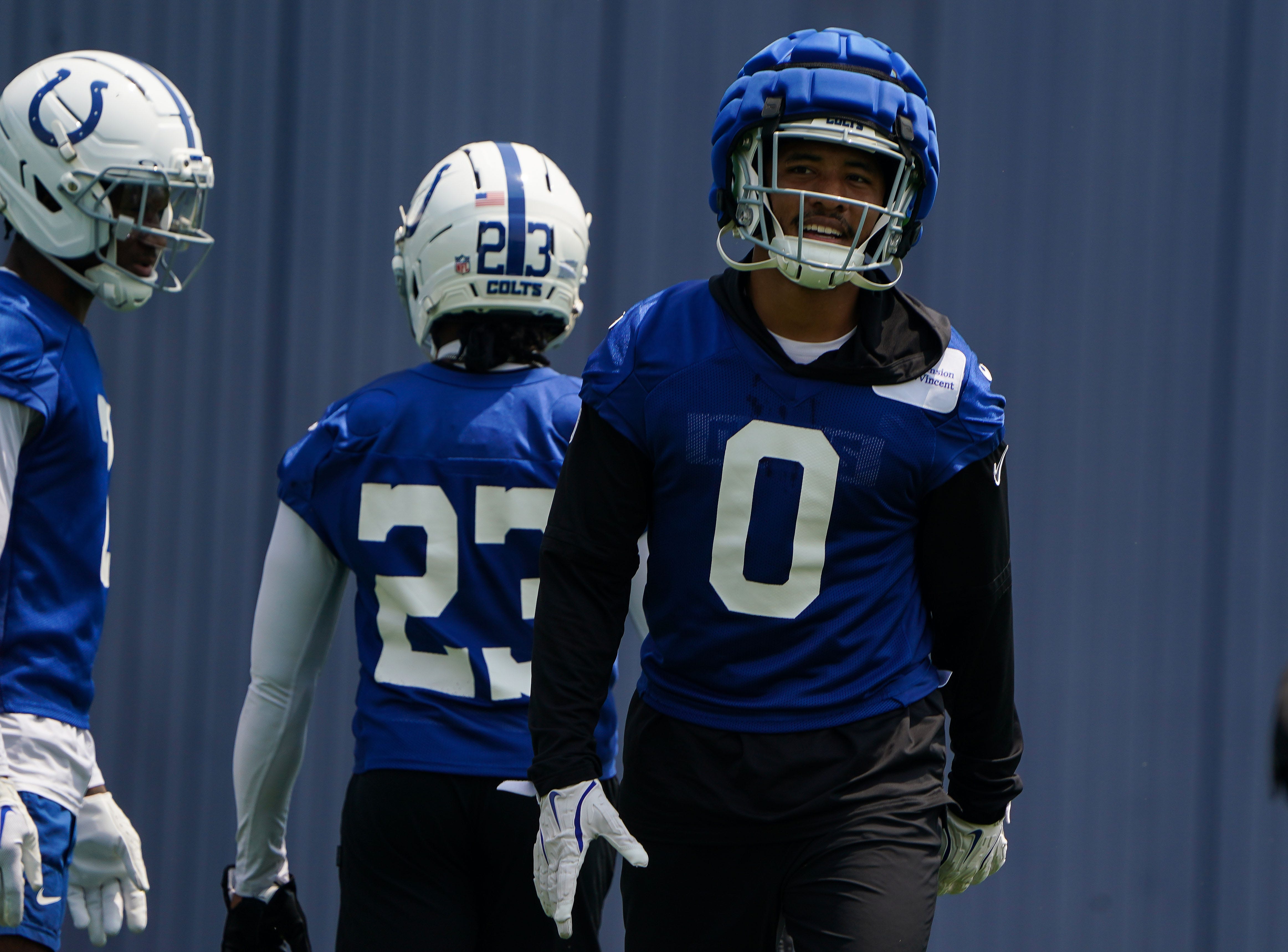 Indianapolis Colts safety Camryn Bynum (0) walks up the field Tuesday, June 10, 2025, during NFL Colts mandatory mini camp at the Indiana Farm Bureau Football Center in Indianapolis.