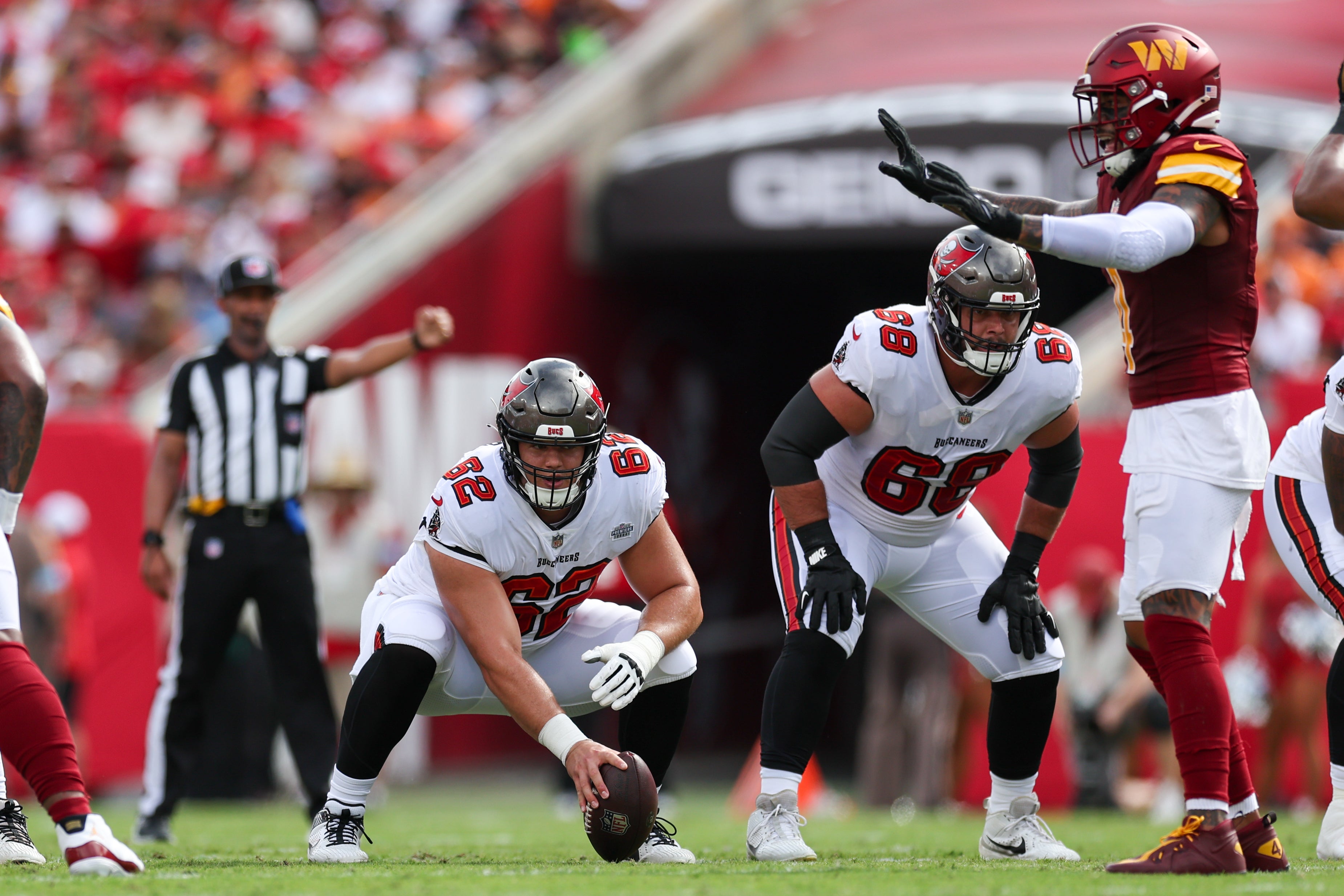 Sep 8, 2024; Tampa, Florida, USA; Tampa Bay Buccaneers center Graham Barton (62) lines up against the Washington Commanders in the first quarter at Raymond James Stadium.