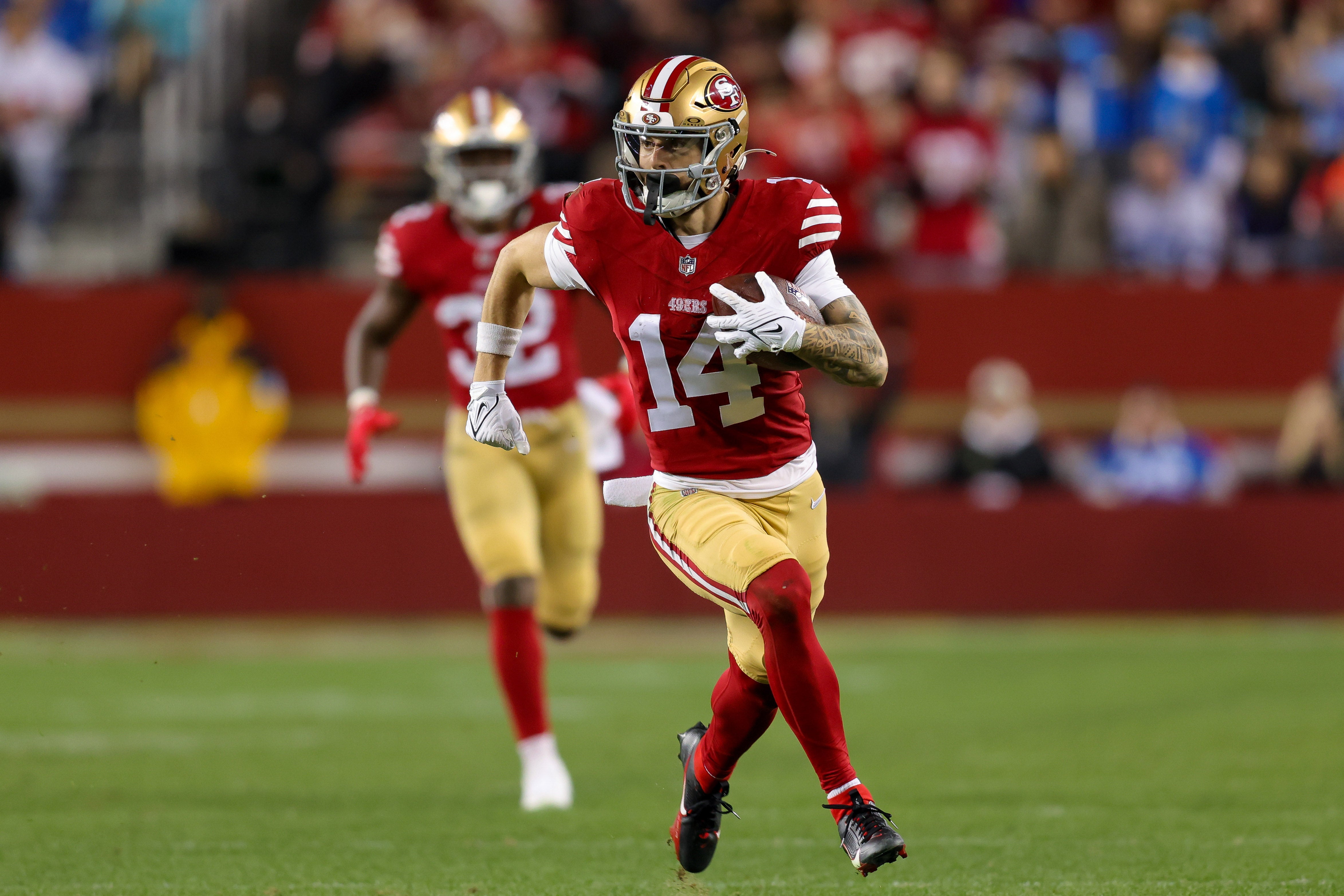 Dec 30, 2024; Santa Clara, California, USA; San Francisco 49ers wide receiver Ricky Pearsall (14) during the game against the Detroit Lions at Levi's Stadium.