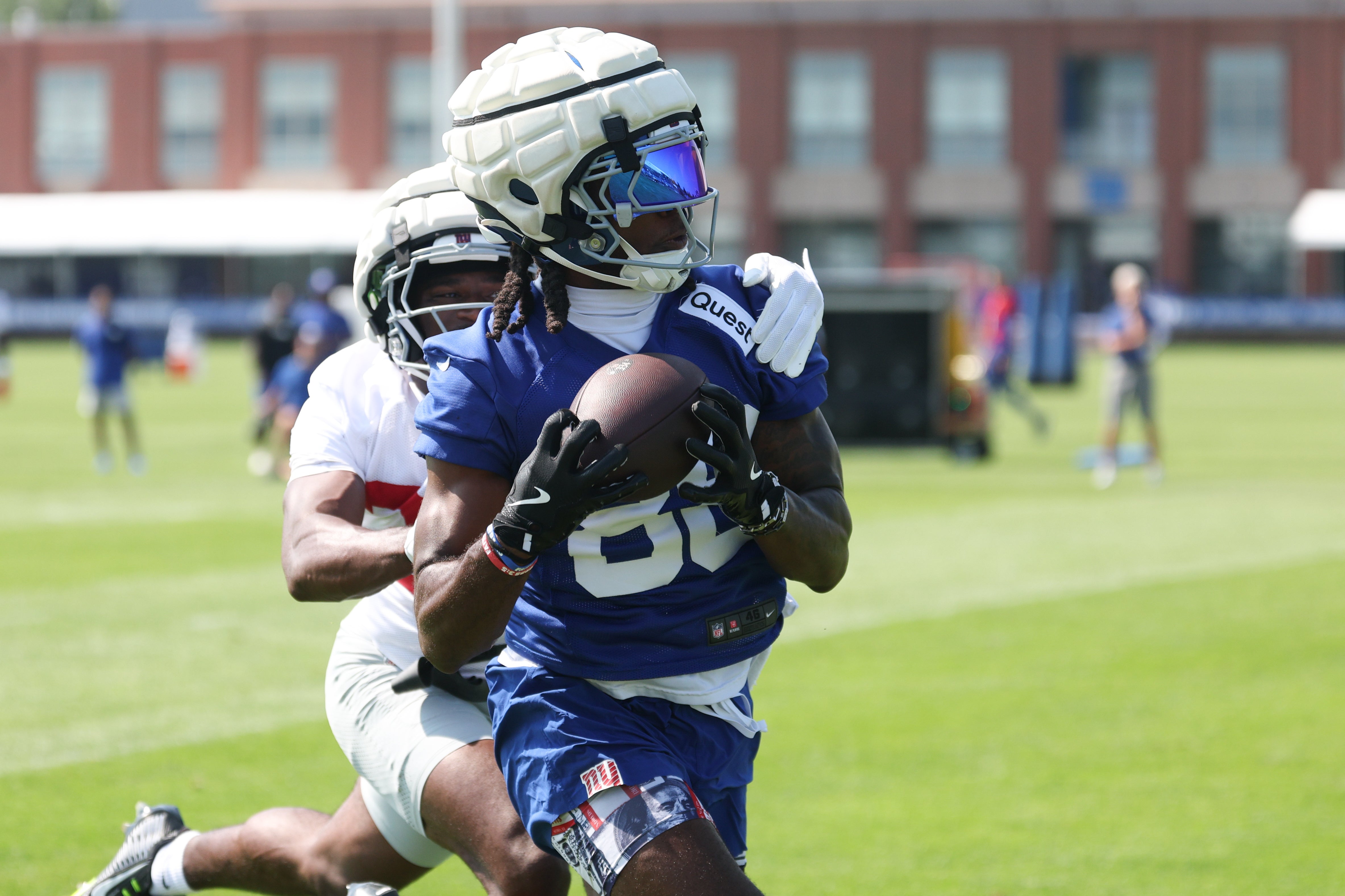 Jul 24, 2025; East Rutherford, NJ, USA; New York Giants wide receiver Bryce Ford-Wheaton (88) catches the ball during training camp at Quest Diagnostics Training Center.
