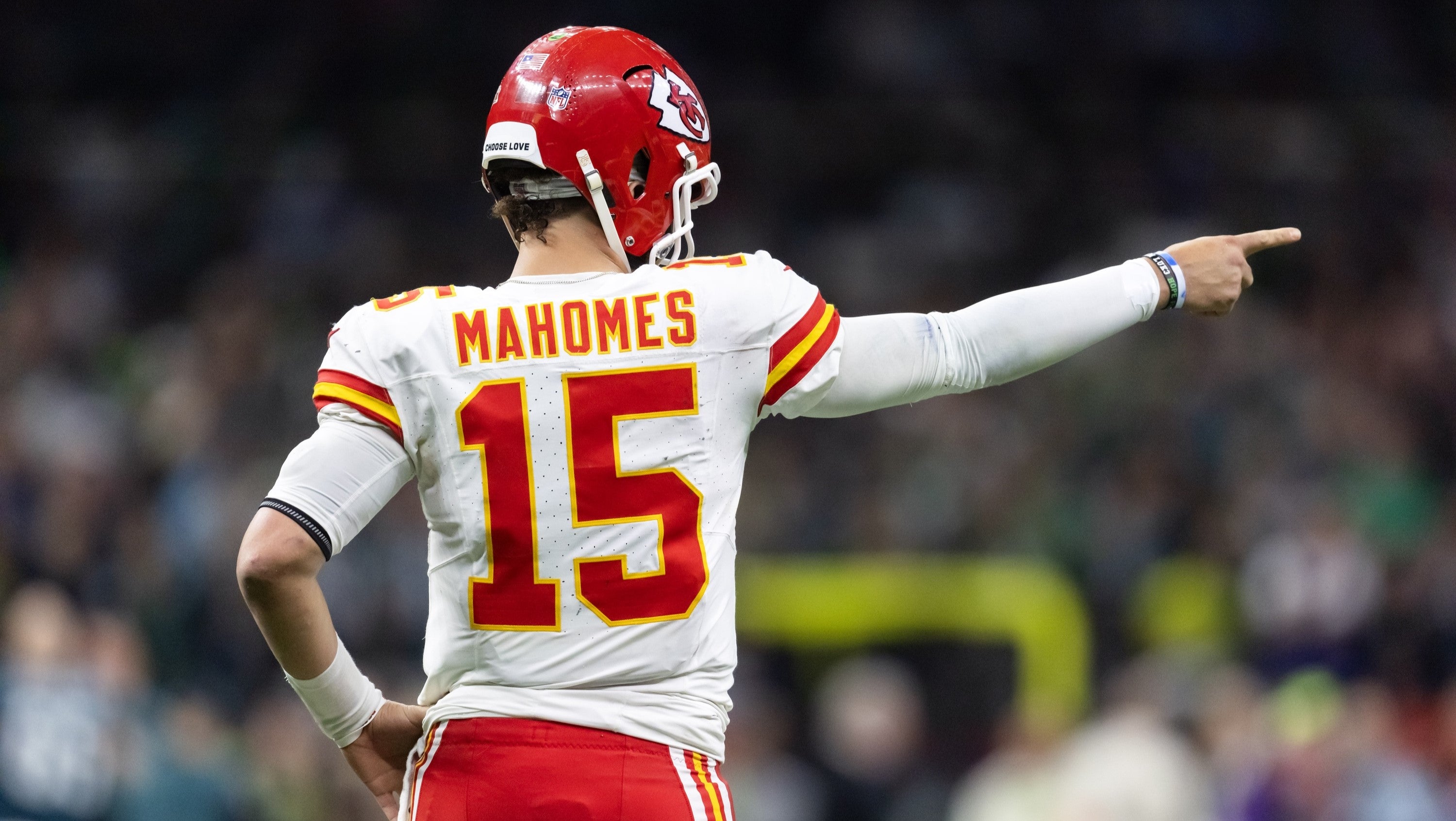 Feb 9, 2025; New Orleans, LA, USA; Detailed view of the jersey of Kansas City Chiefs quarterback Patrick Mahomes (15) against the Philadelphia Eagles in Super Bowl LIX at Ceasars Superdome.