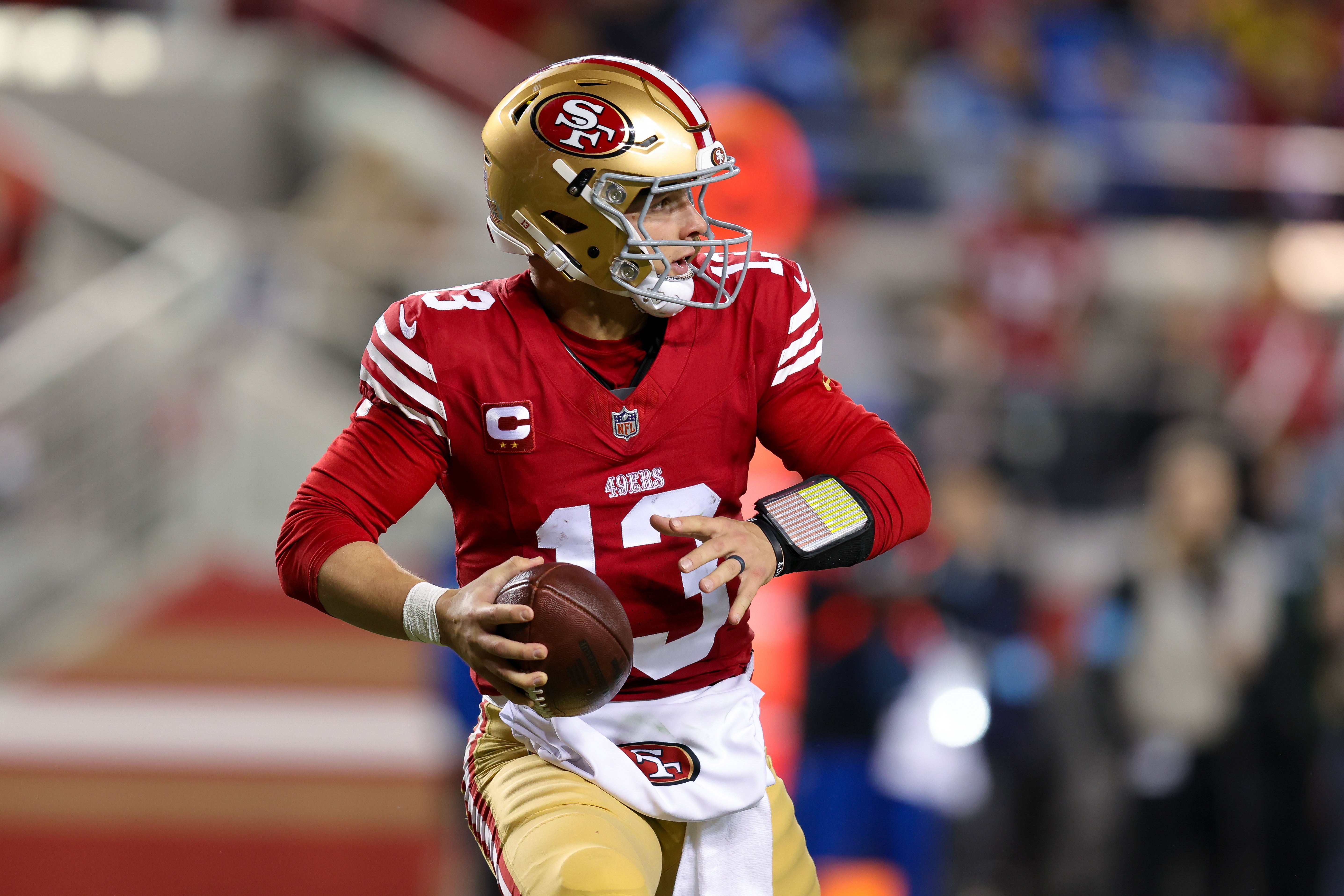 Dec 30, 2024; Santa Clara, California, USA; San Francisco 49ers quarterback Brock Purdy (13) during the game against the Detroit Lions at Levi's Stadium.