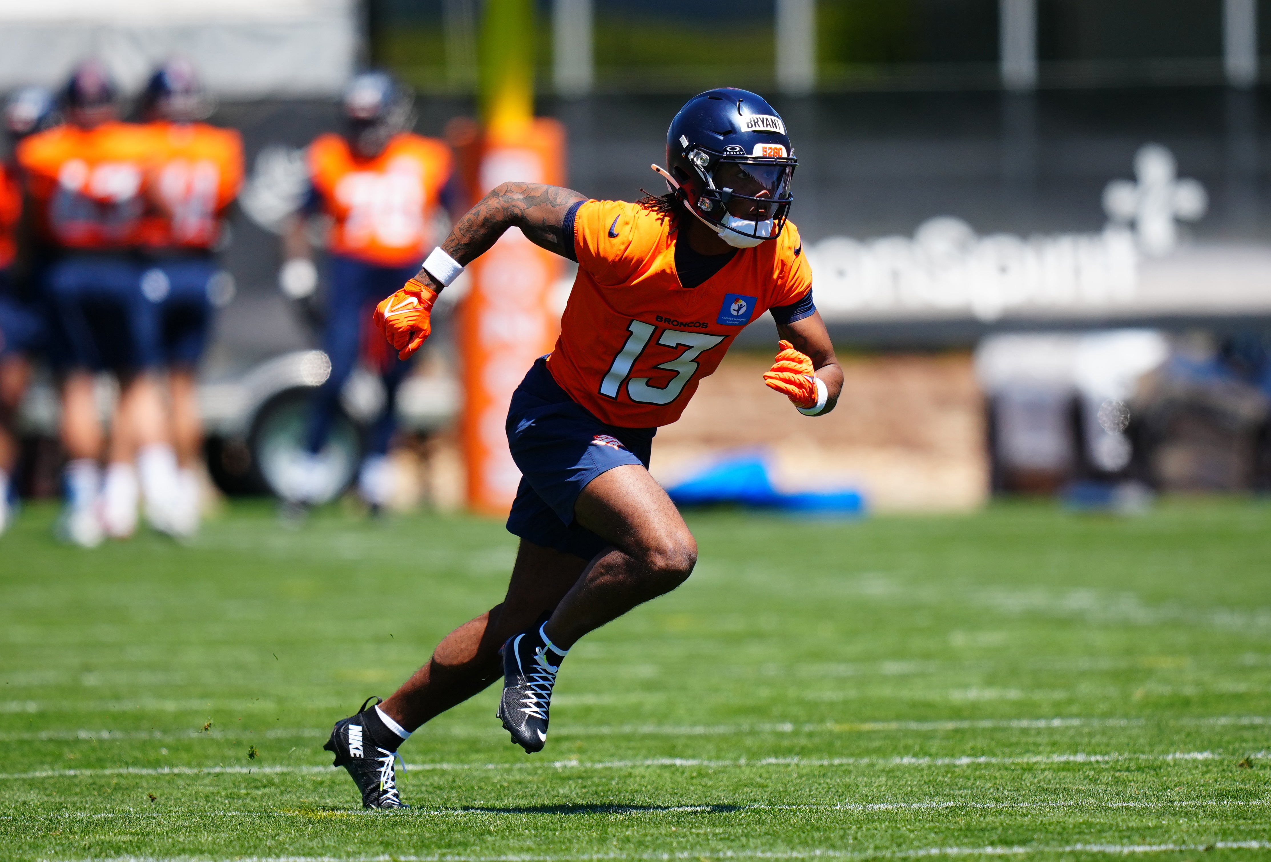 May 10, 2025; Englewood, CO, USA; Denver Broncos wide receiver Pat Bryant (13) during rookie minicamp at Broncos Park Powered by CommonSpirit.