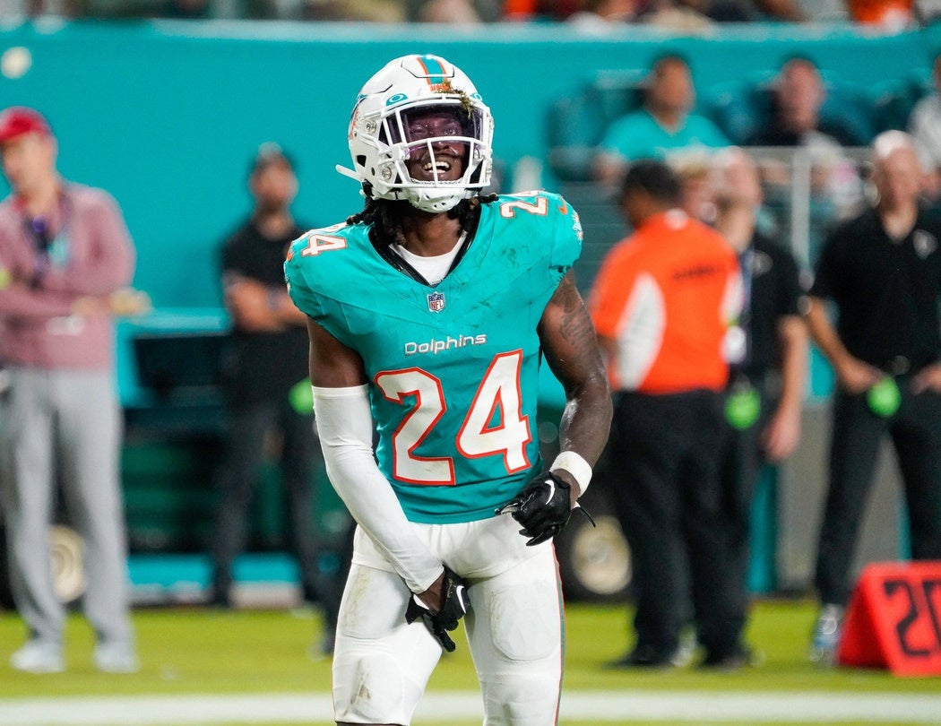 Miami Dolphins cornerback Cam Smith (24) grimaces during the fourth quarter of a preseason game at Hard Rock Stadium