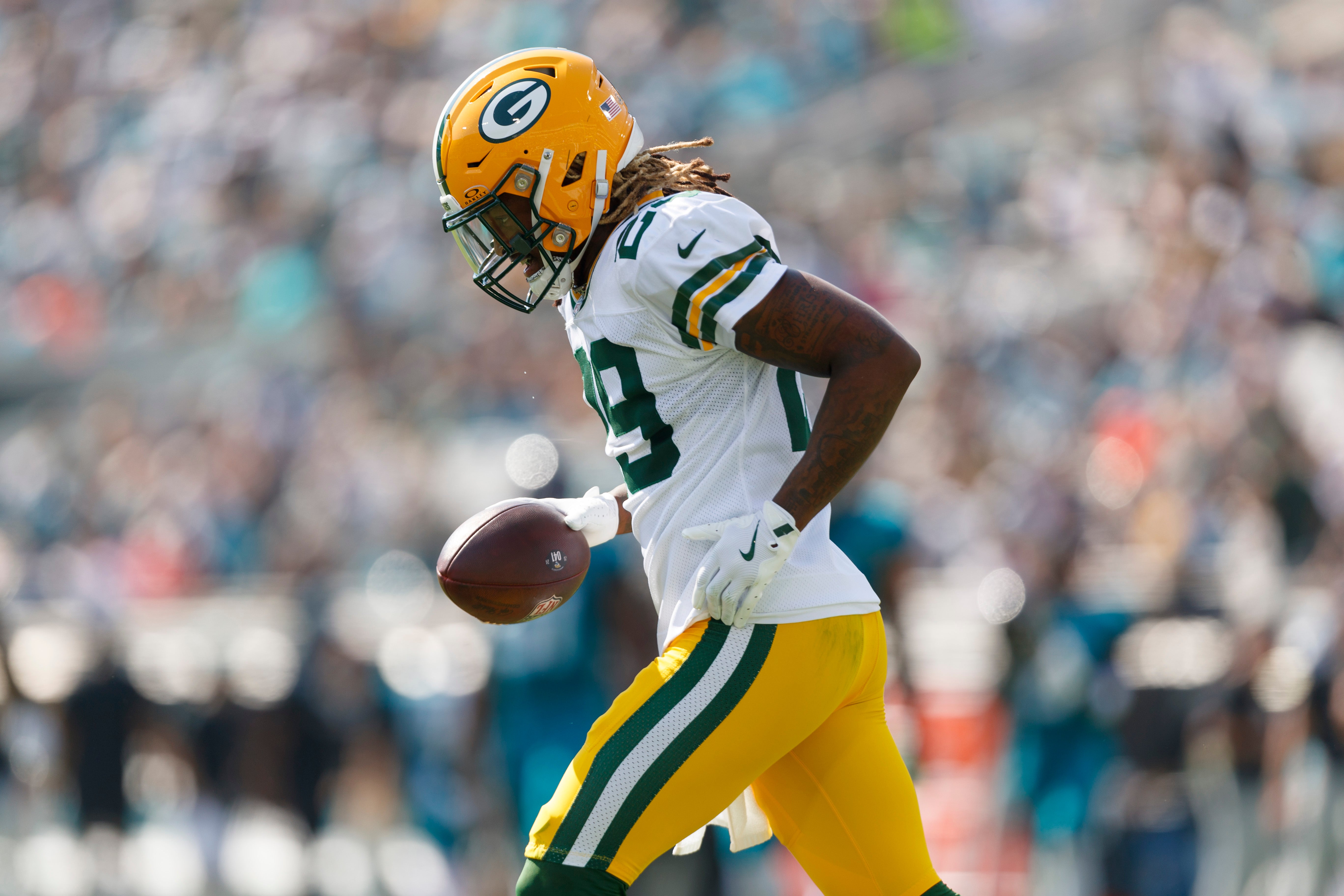 Oct 27, 2024; Jacksonville, Florida, USA; Green Bay Packers safety Xavier McKinney (29) celebrates an interception against the Jacksonville Jaguars during the second quarter at EverBank Stadium.