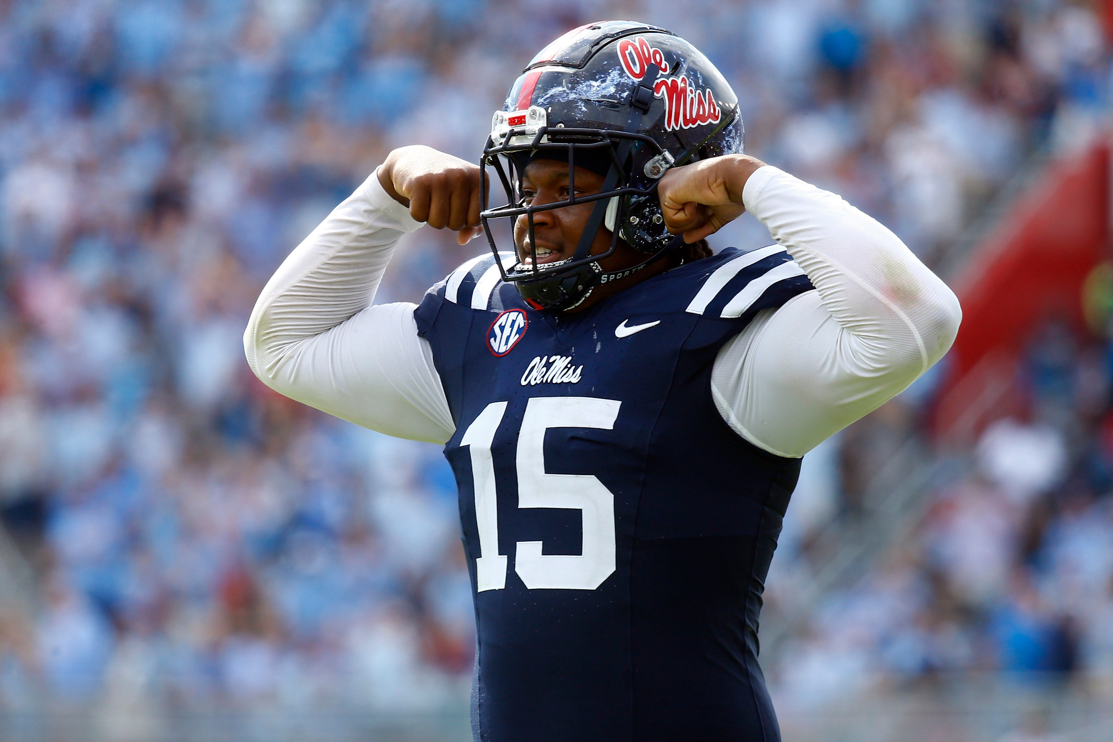 Oct 26, 2024; Oxford, Mississippi, USA; Mississippi Rebels defensive linemen Jared Ivey (15) reacts during the second half against the Oklahoma Sooners at Vaught-Hemingway Stadium.