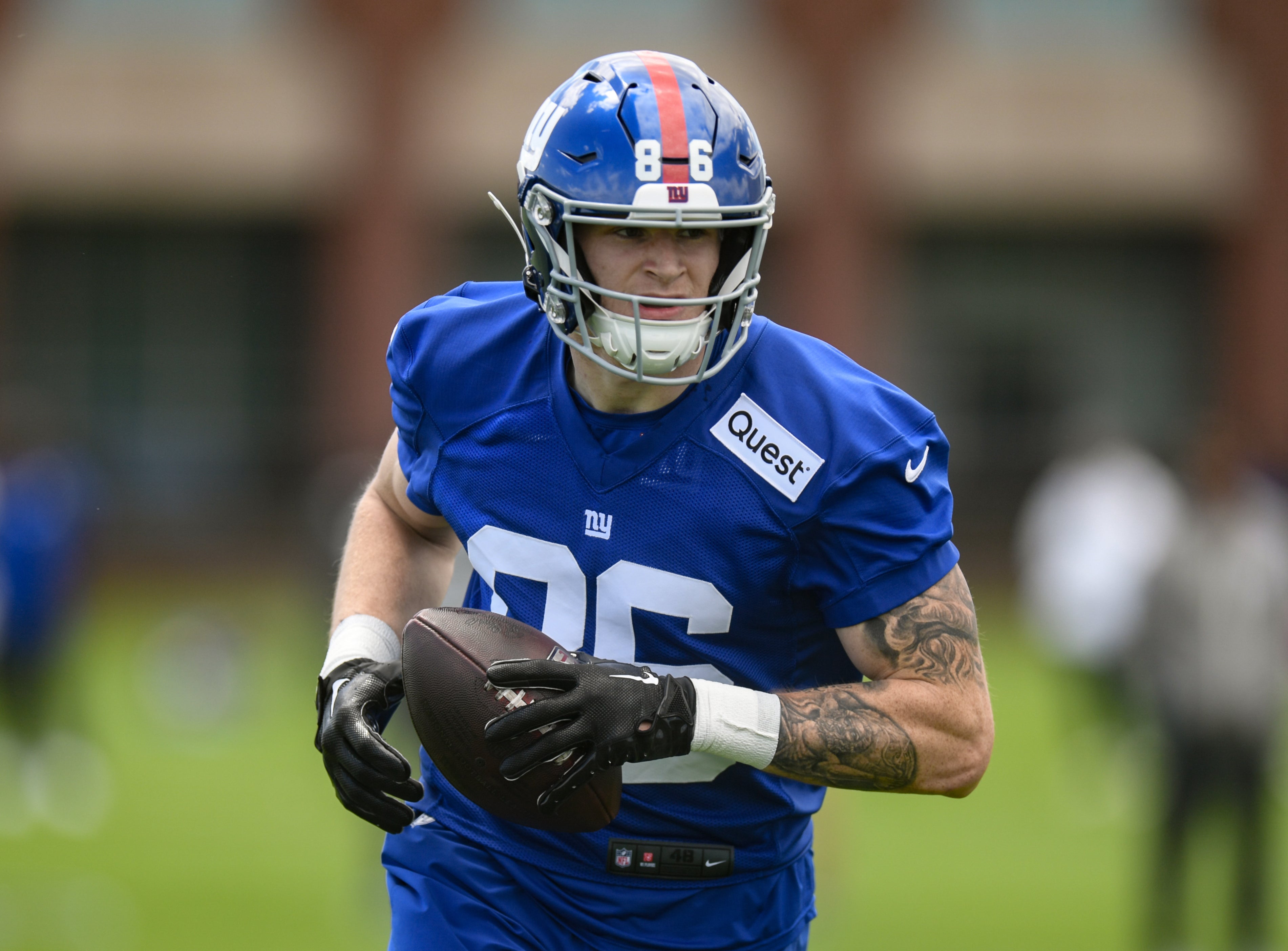 May 10, 2025; East Rutherford, NJ, USA; New York Giants tight end Thomas Fidone II (86) participates in a drill during rookie minicamp at Quest Diagnostics Training Center.