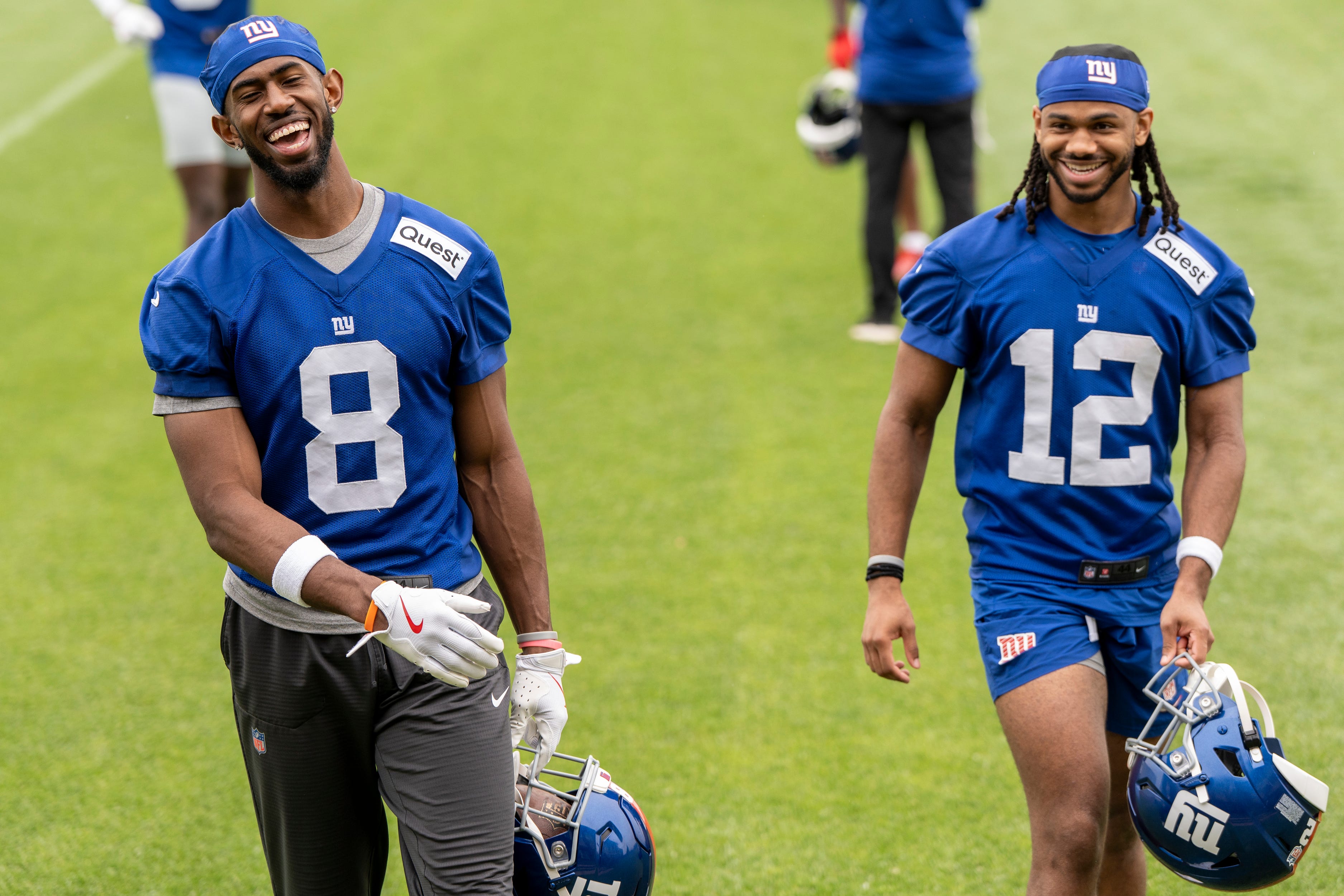 Beaux Collins and Jordan Bly with the NY Giants share a laugh after practice at Quest Diagnostics Giants Training Center, East Rutherford, NJ, May 28, 2025.