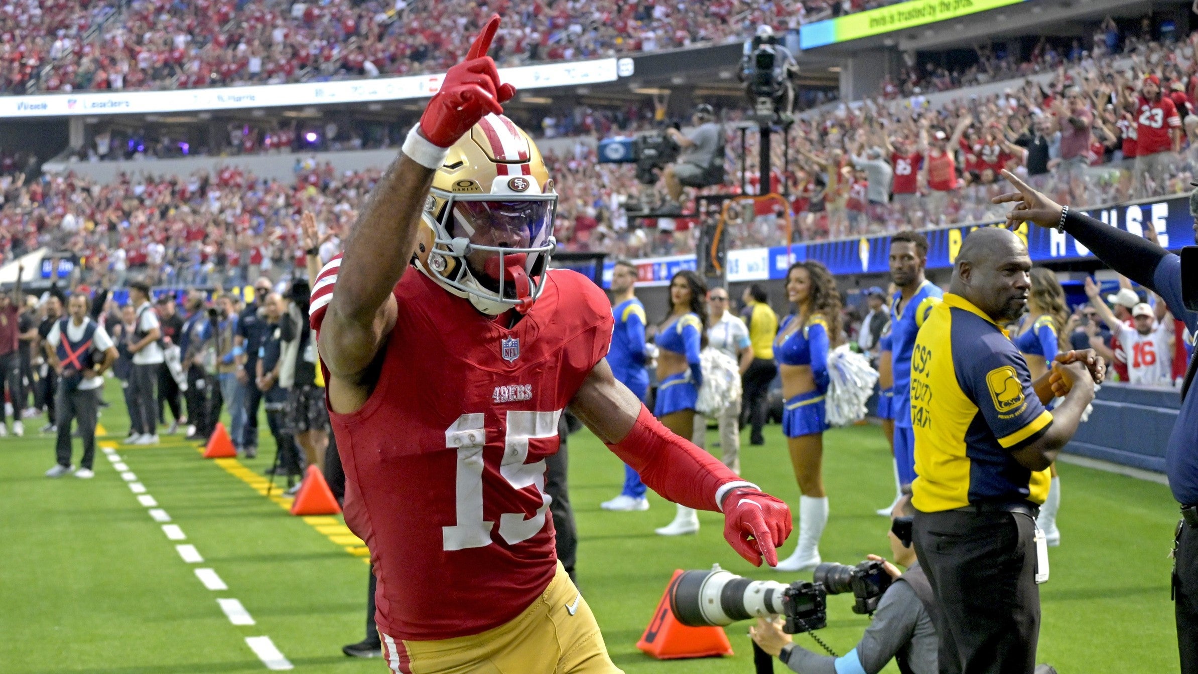 Sep 22, 2024; Inglewood, California, USA; San Francisco 49ers wide receiver Jauan Jennings (15) celebrates after a touchdown in the second half against the Los Angeles Rams at SoFi Stadium.