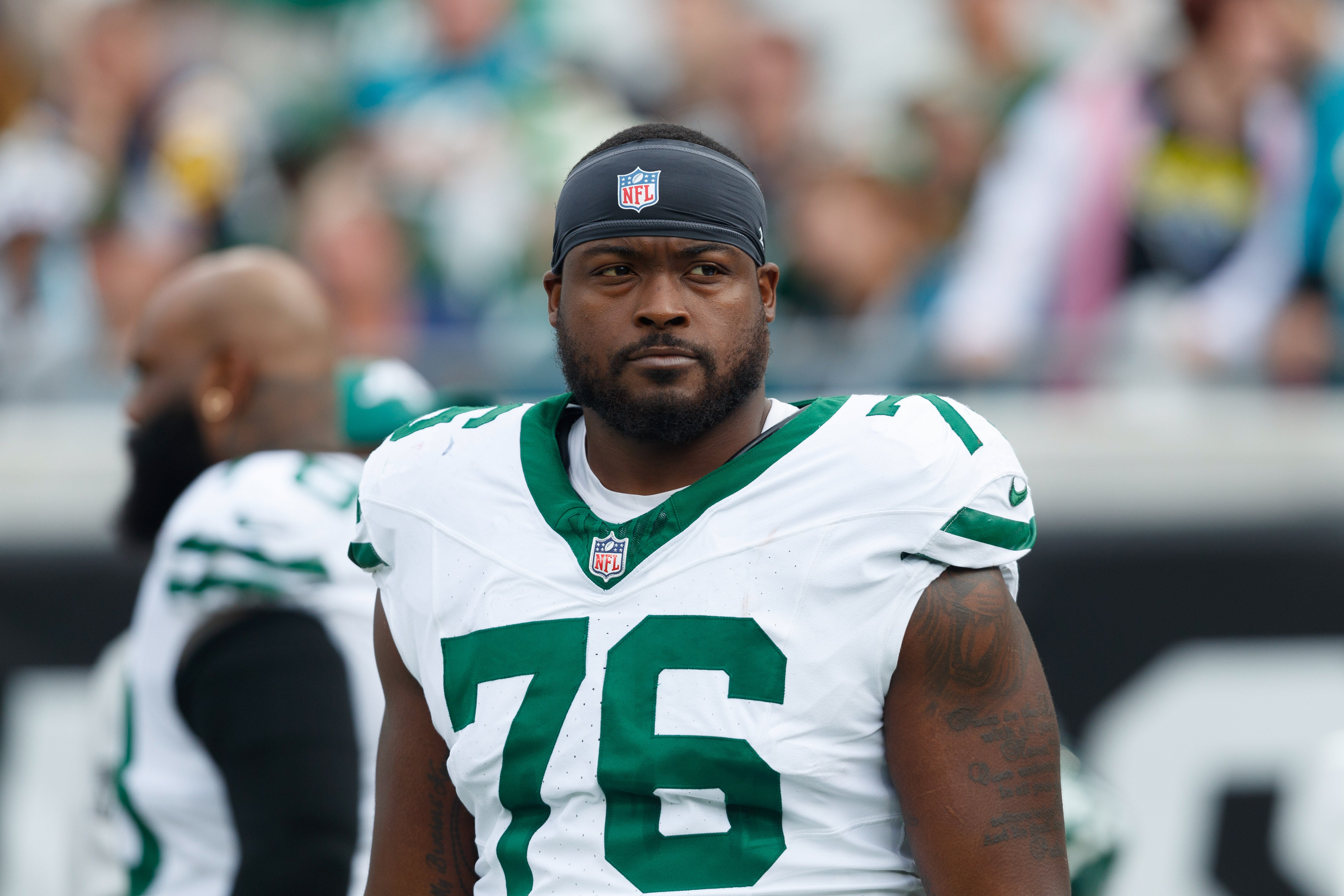New York Jets offensive linebacker John Simpson (76) before the game against the Jacksonville Jaguars at EverBank Stadium.