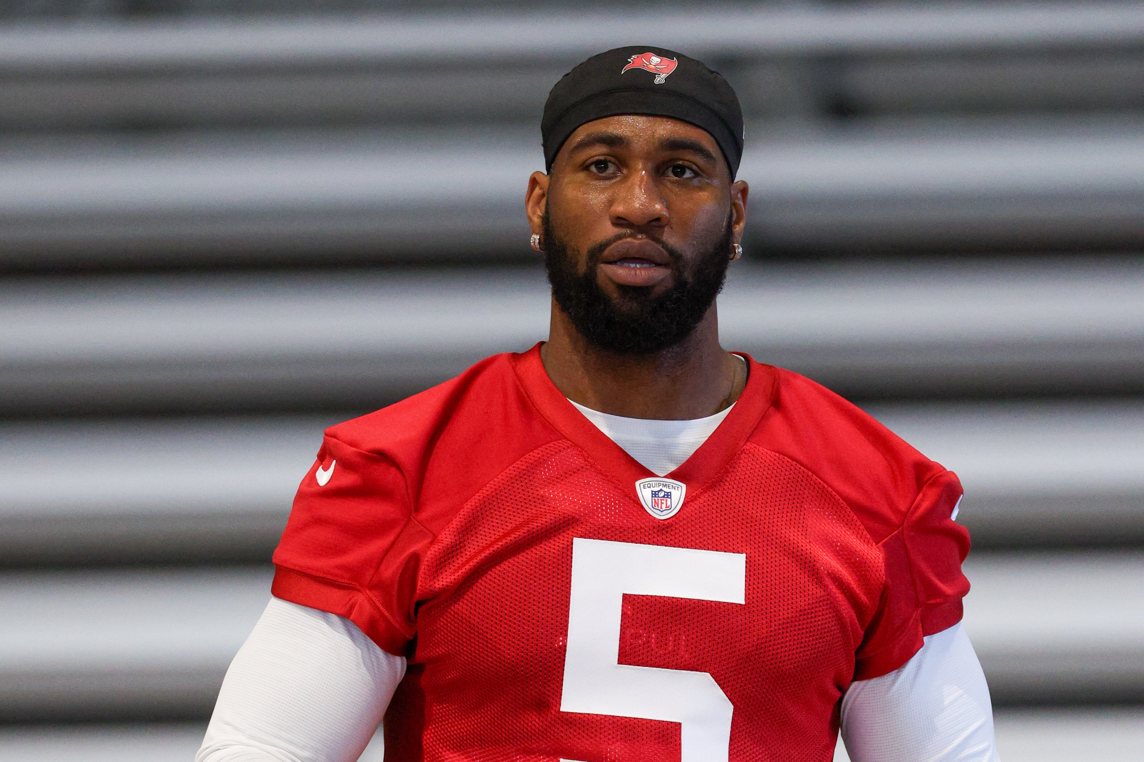 Jun 10, 2025; Tampa Bay, FL, USA; Tampa Bay Buccaneers linebacker Haason Reddick (5) participates in mini camp at AdventHealth Training Center.